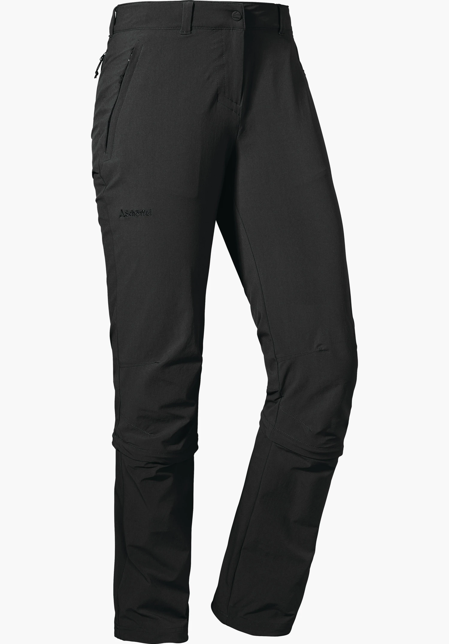 Pants Engadin1 Zip Off Hose Graue Outdoorhose, frontal präsentiert, leicht angewinkelte Beine; Hosentaschen beidseitig, Schöffel-Logo am Bund; Schriftzug "Schöffel" auf Oberschenkel; weißer Hintergrund.