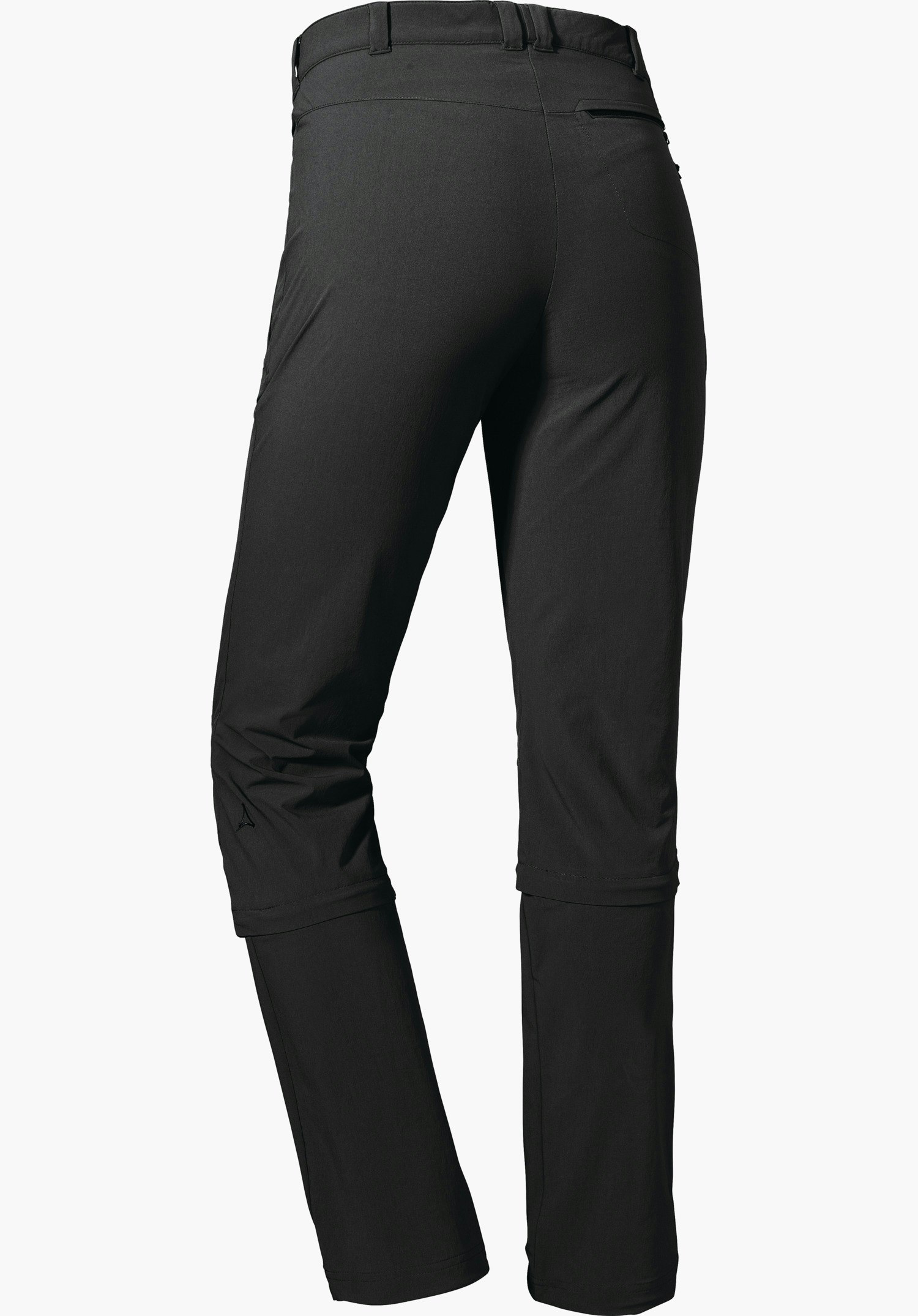 Pants Engadin1 Zip Off dark grey hiking trousers, rear view; trouser legs zipped off at the bottom, hip area fitted, light studio background, Schöffel logo on the left lower leg.