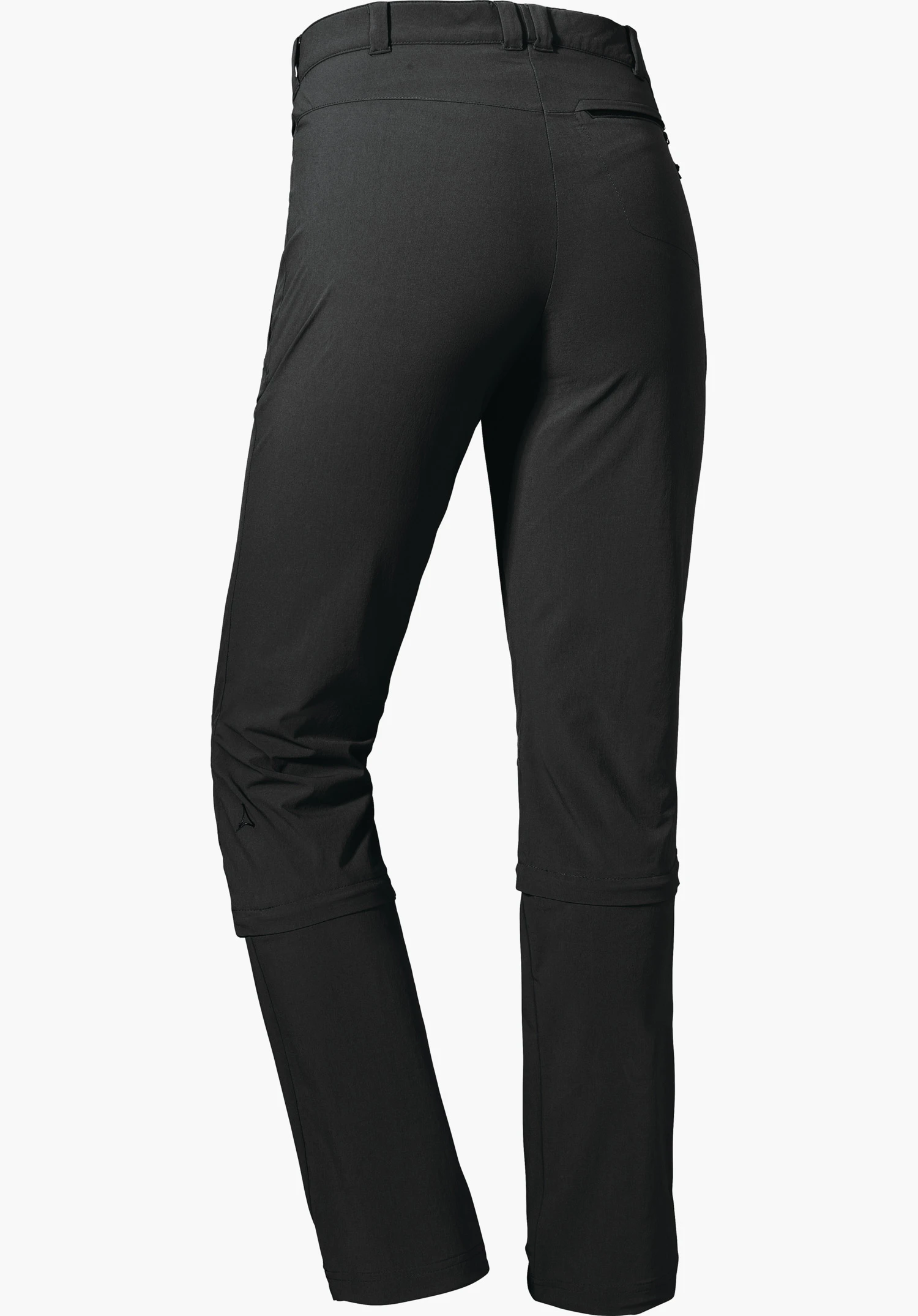 Pants Engadin1 Zip Off dunkelgraue Wanderhose, Rückansicht; Hosenbeine unten abgezippt, Hüftbereich angelegt, heller Studiohintergrund, Schöffel-Logo am linken Unterschenkel.