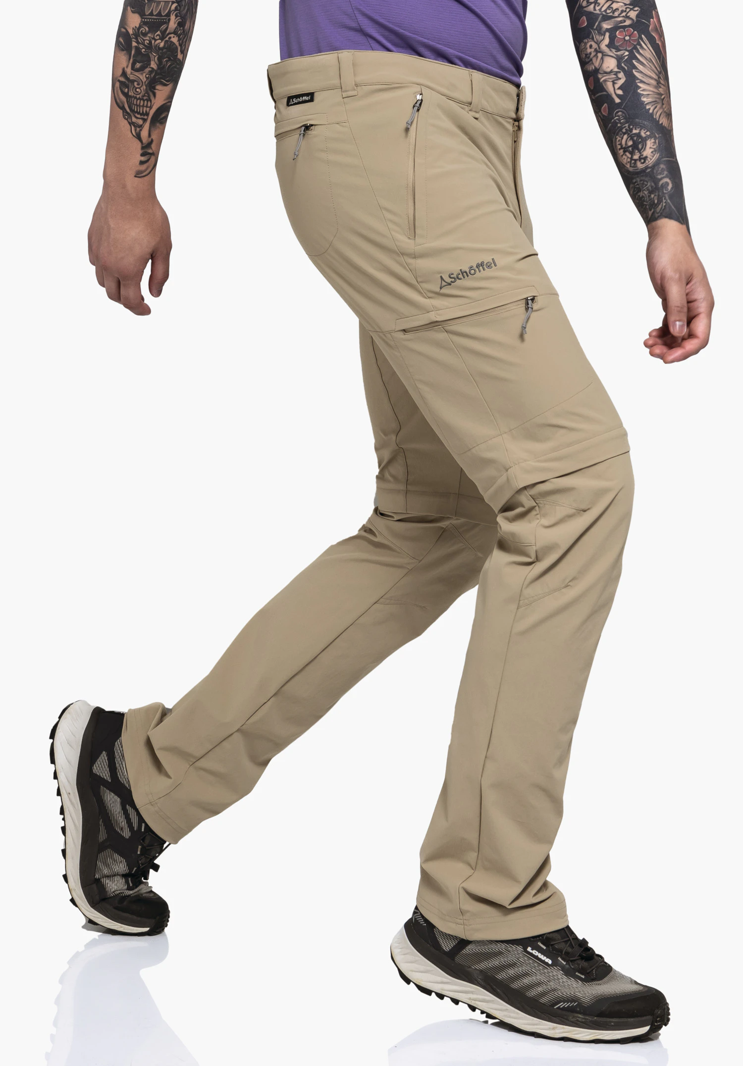Pants Koper1 Zip Off in the colour beige, worn by a model in a sideways walking pose. The Schöffel logo is visible on the left thigh, presented against a neutral background.