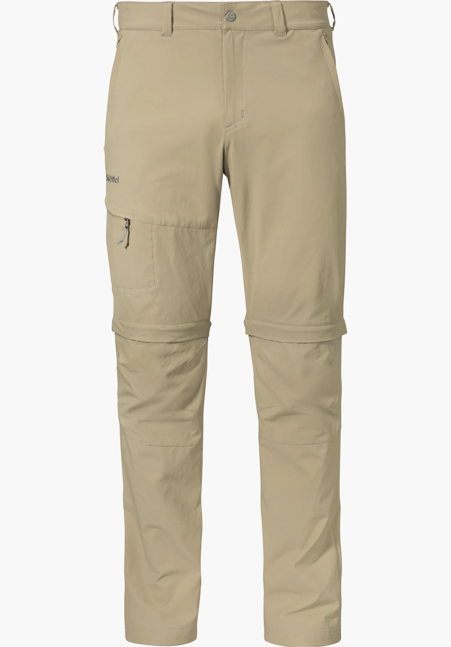 Pants Koper1 Zip Off in beige are functional walking trousers with practical zip-off legs, a side zip pocket and the Schöffel logo on the right leg, isolated on a white background.
