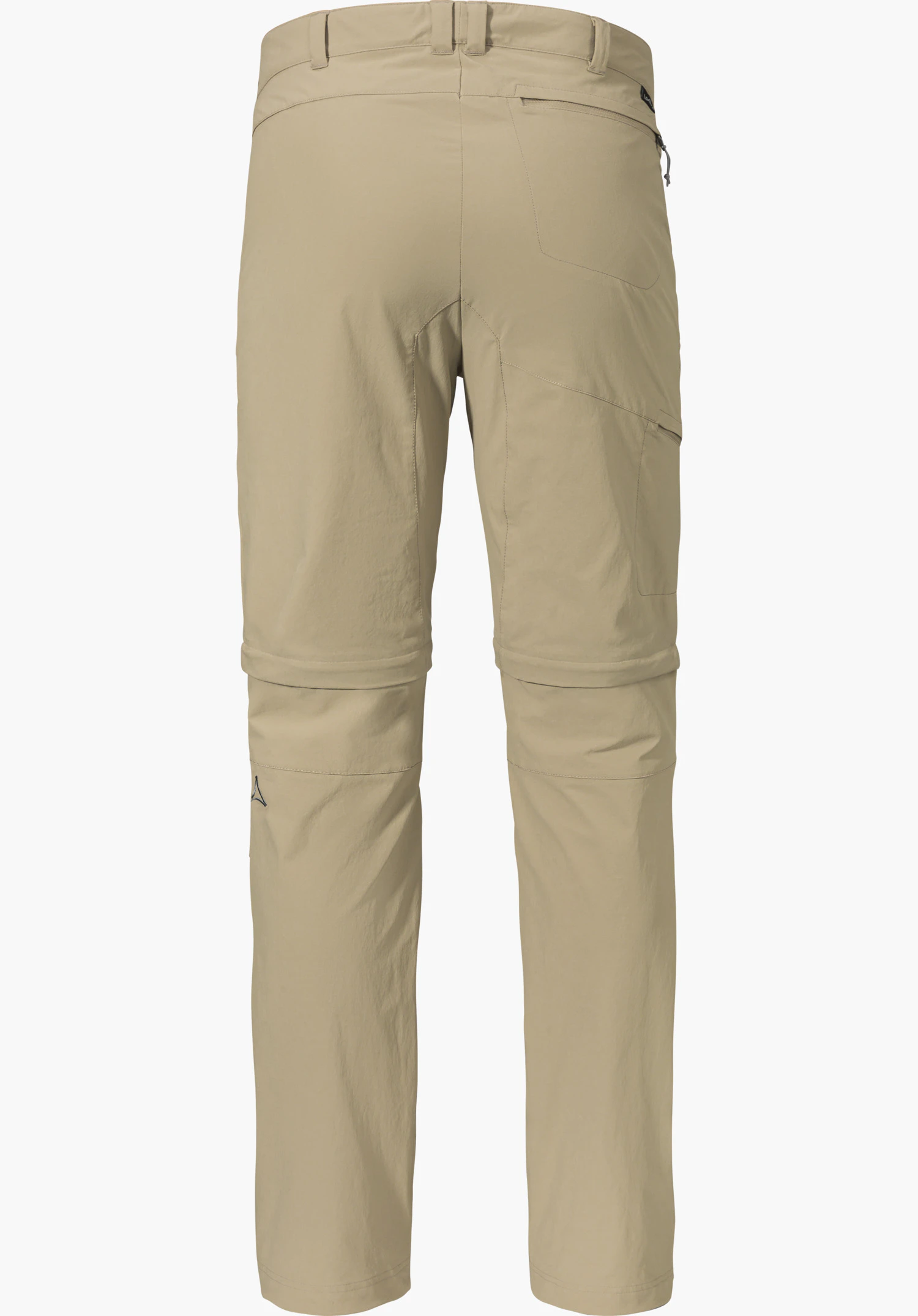 Pants Koper1 Zip Off in beige from the back, with a zipped back pocket, zip-off function on the legs and a visible Schöffel logo, isolated on a white background.