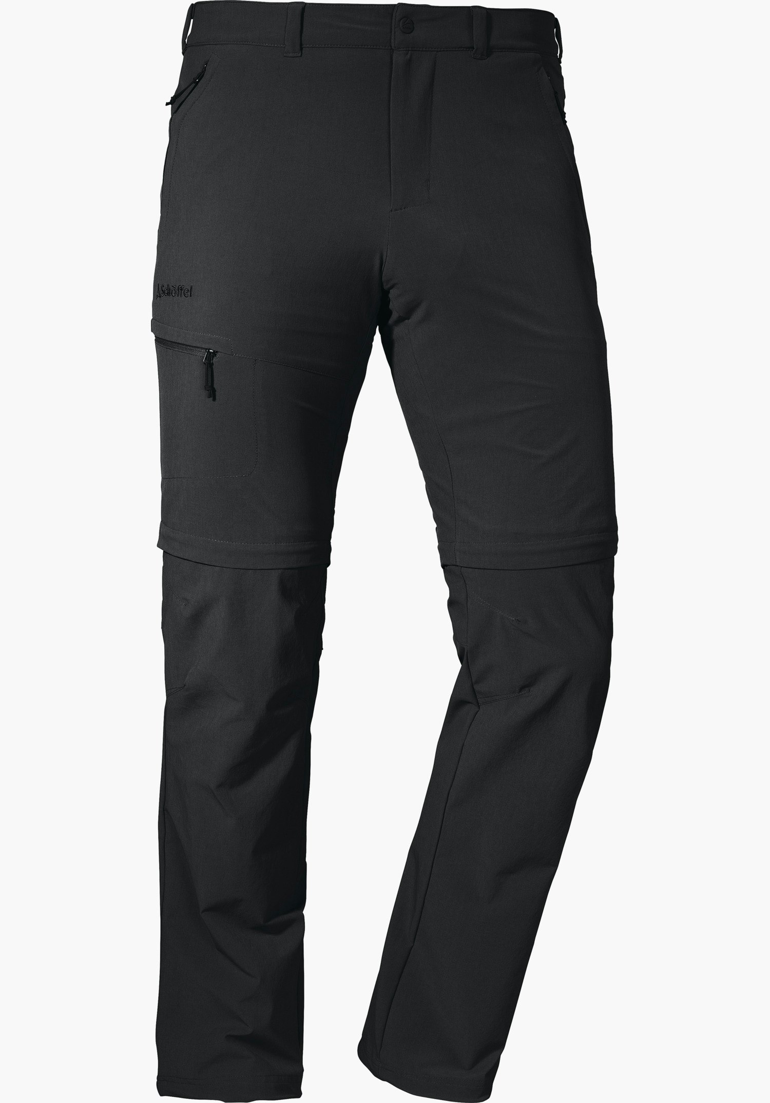 Pants Koper1 Zip Off Schwarze Zip-off-Wanderhose; Hose präsentiert sich in Vorderansicht, Reißverschlüsse an Taschen und Kniepartie sichtbar, Beine abtrennbar; freistehend vor weißem Hintergrund. Schriftzug: "Schöffel".