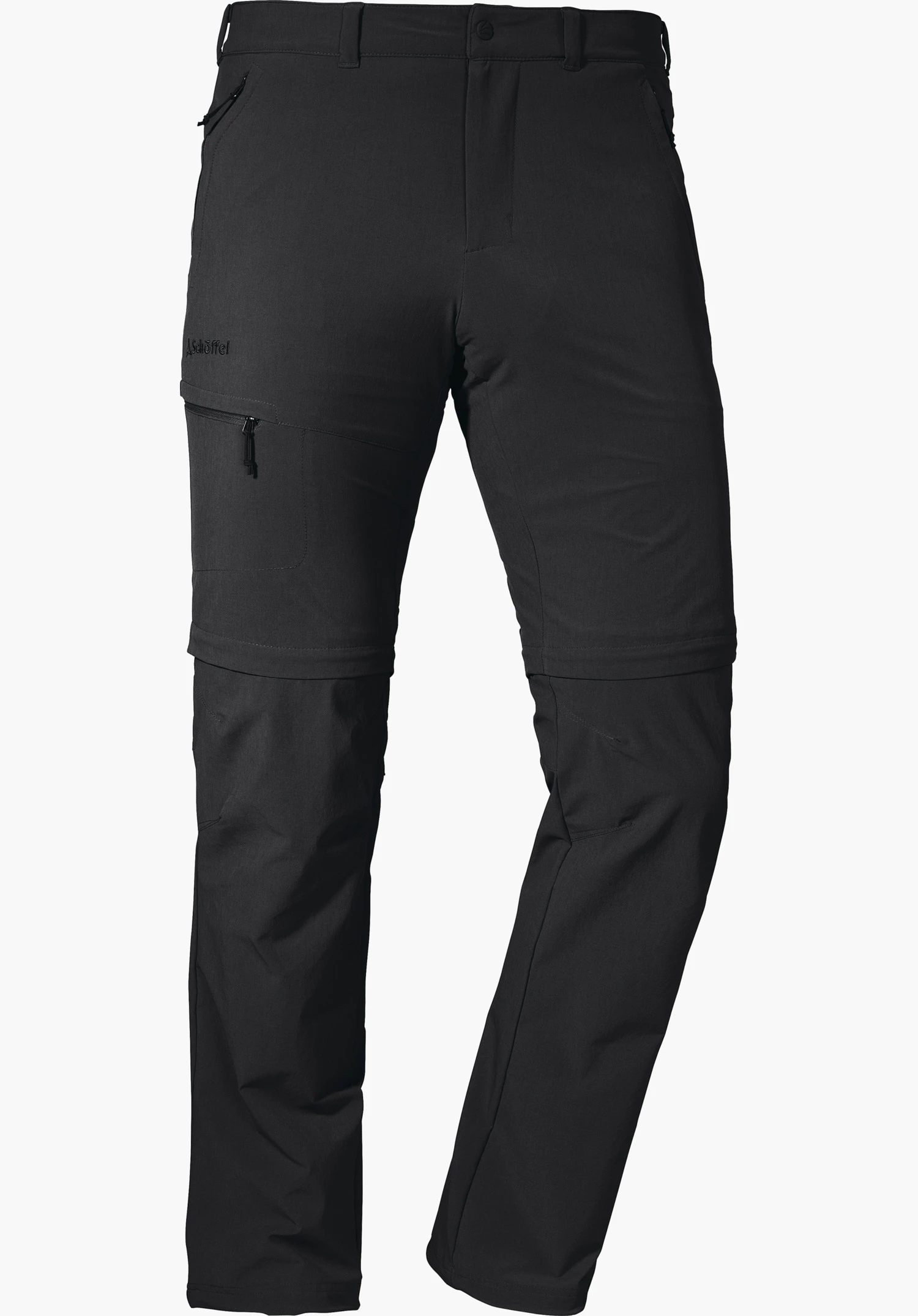 Pants Koper1 Zip Off black zip-off hiking trousers; front view, zips at the pockets and knee area visible, legs detachable; freestanding on a white background. Lettering: “Schöffel”.