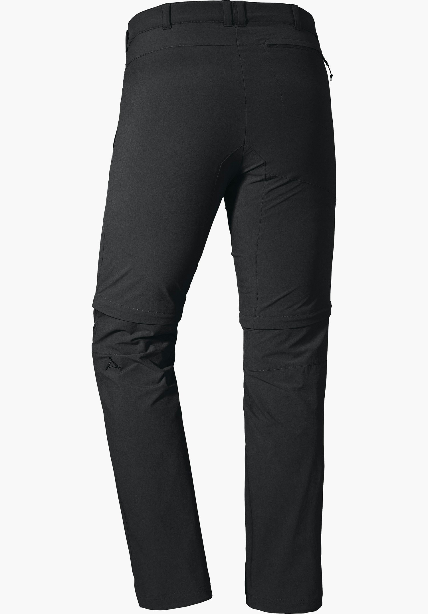 Pants Koper1 Zip Off dunkelgraue Outdoorhose, von hinten präsentiert; gerade stehende Beine, abnehmbare Hosenbeine an den Knien, schmaler Schnitt, Schöffel-Logo an der linken Wade, heller Hintergrund.