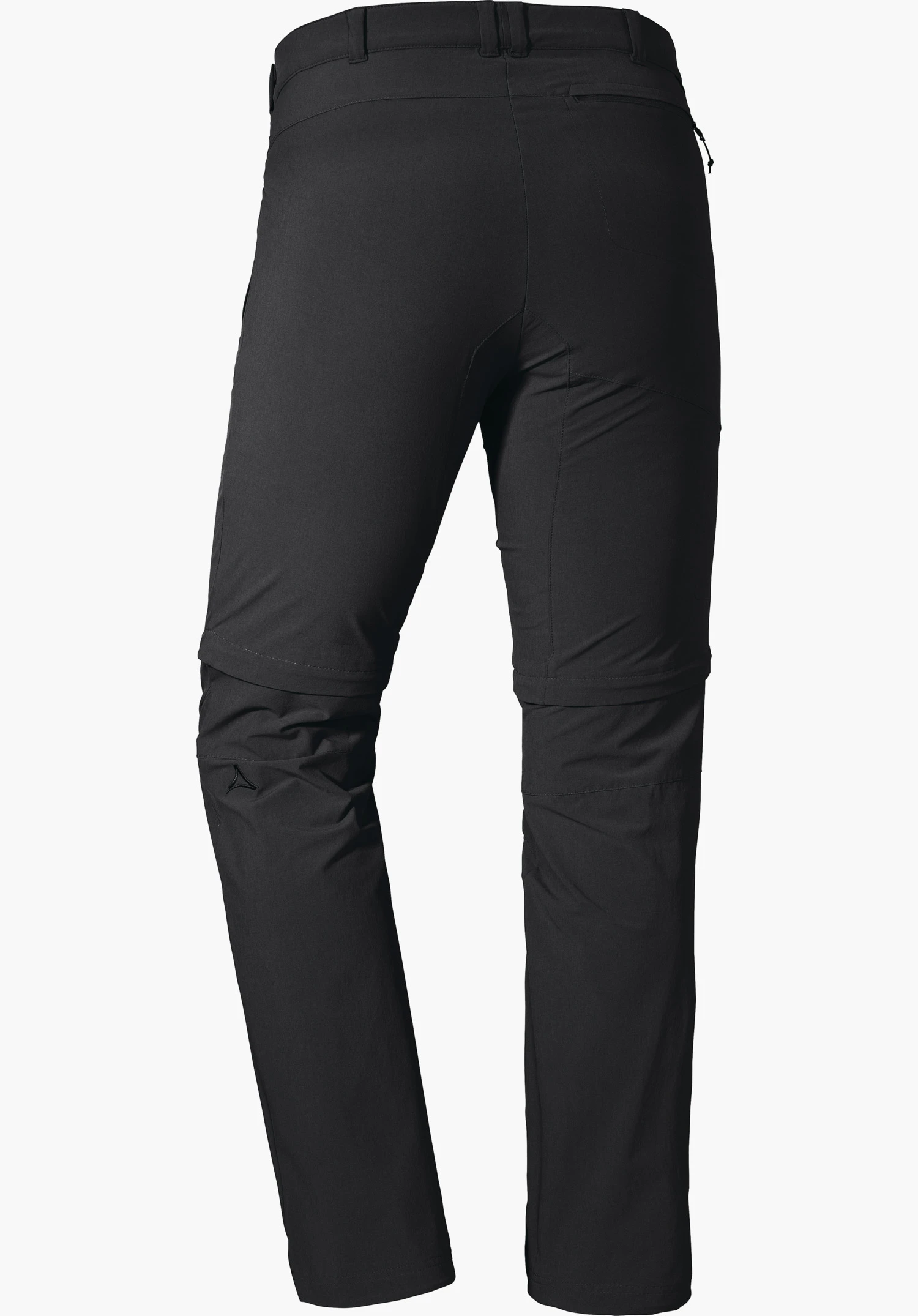 Pants Koper1 Zip Off dark grey outdoor trousers, shown from the back; straight-standing legs, detachable leg sections at the knees, slim fit, Schöffel logo on the left calf, light background.