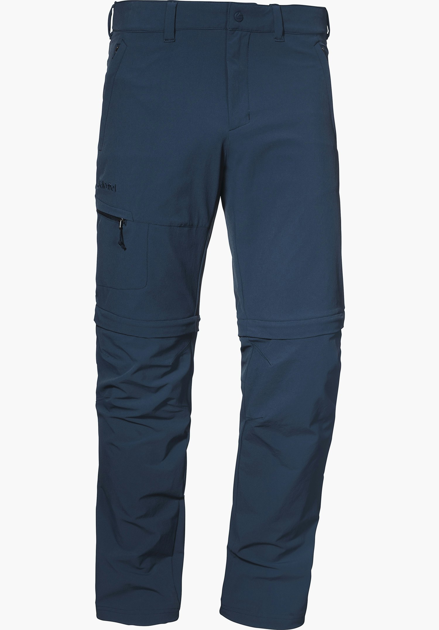 Pants Koper1 Zip Off Dunkelblaue Zip-off-Outdoorhose, frontale Ansicht, liegt glatt und zeigt Reißverschlusstasche am linken Oberschenkel; Bund mit Logo. Schriftzug: Schöffel. Auf weißem Hintergrund.