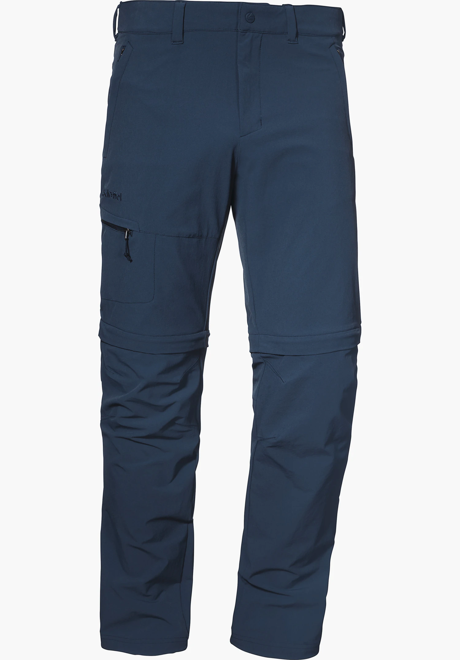 Pants Koper1 Zip Off dark blue zip-off outdoor trousers, front view, laid smooth with a zip pocket on the left thigh; waistband with logo. Lettering: Schöffel. White background.