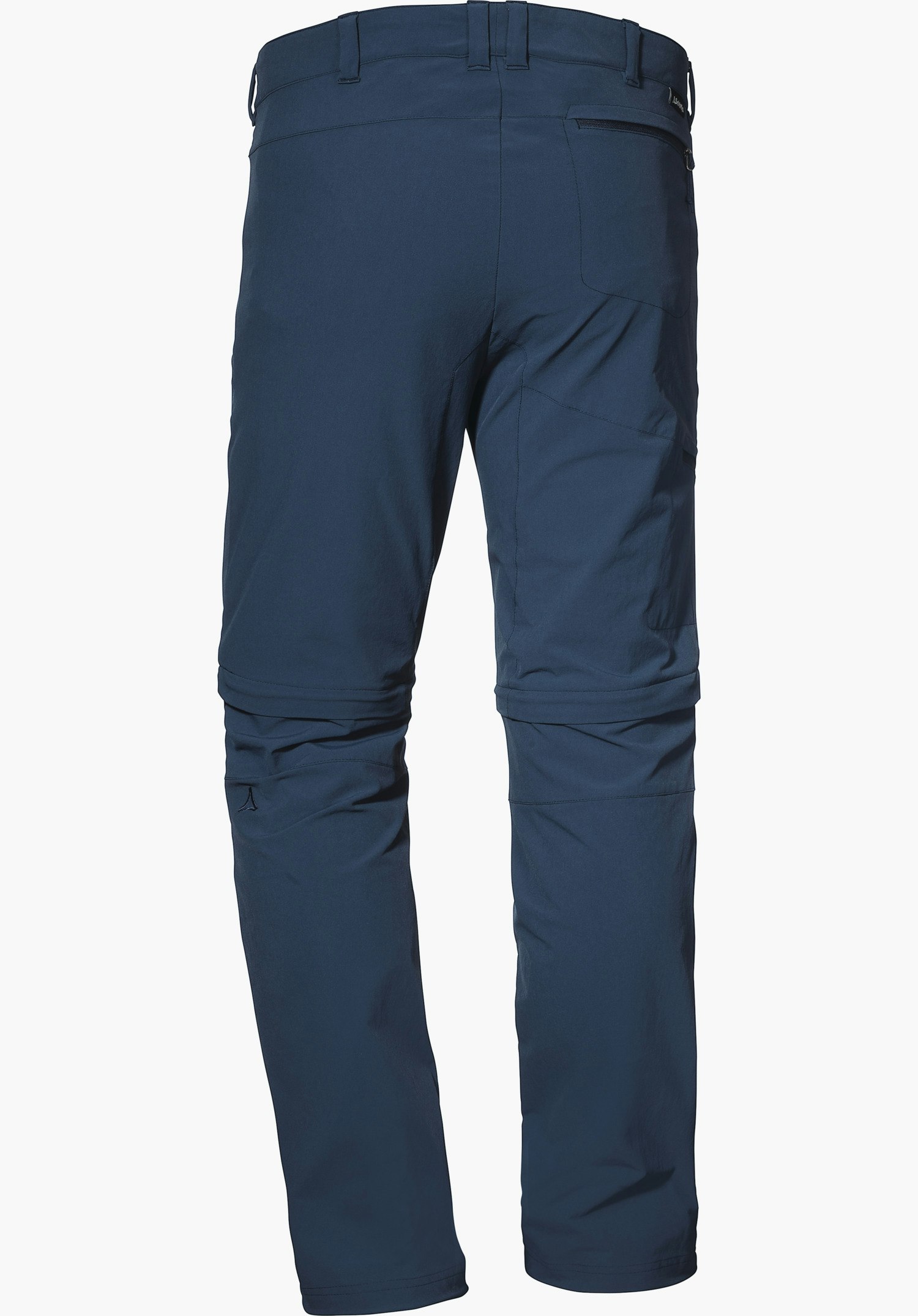 Pants Koper1 Zip Off dunkelblaue Trekkinghose, Rückansicht, gerade hängend vor weißem Hintergrund; Gürtelschlaufen, Reißverschlusstasche am Gesäß, Kniepartien und Schöffel-Logo am linken Bein.