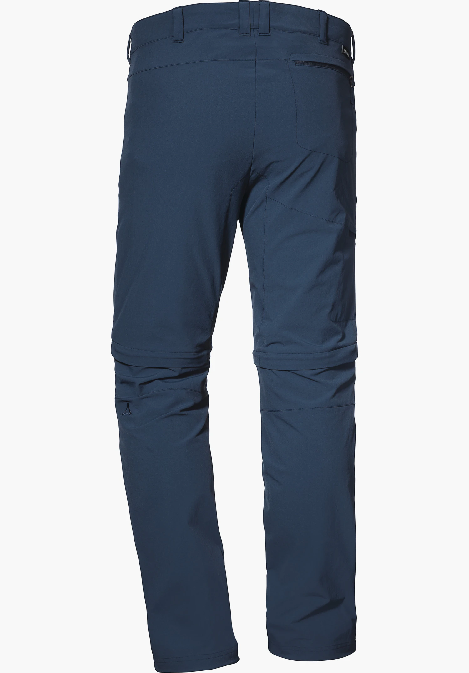 Pants Koper1 Zip Off dark blue trekking trousers, rear view, hanging straight against a white background; belt loops, zip pocket at the back, knee sections and Schöffel logo on the left leg.
