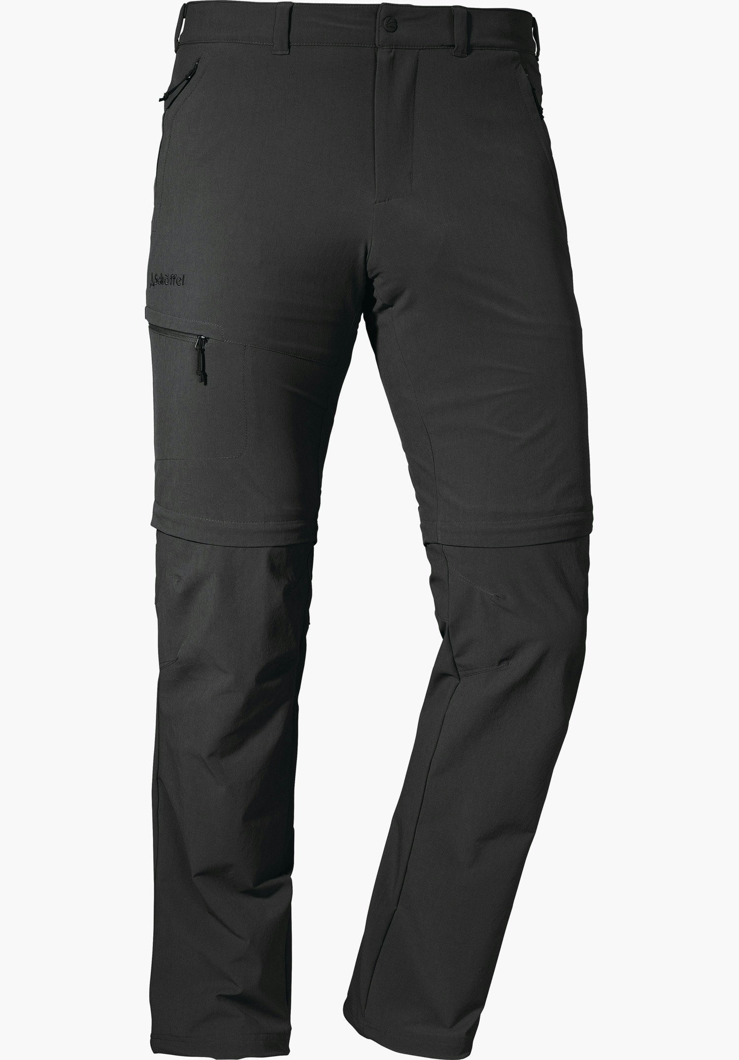 Pants Koper1 Zip Off Dunkelgraue Zip-off-Wanderhose, präsentiert stehend mit abnehmbaren Hosenbeinen und Reißverschlusstaschen vor neutralem weißem Hintergrund. Schriftzug: "Schöffel".