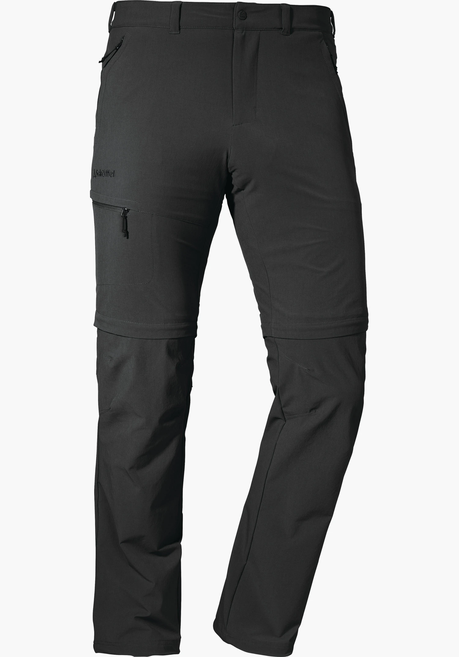 Pants Koper1 Zip Off dark grey zip-off hiking trousers, shown standing with detachable legs and zip pockets on a neutral white background. Lettering: “Schöffel”.