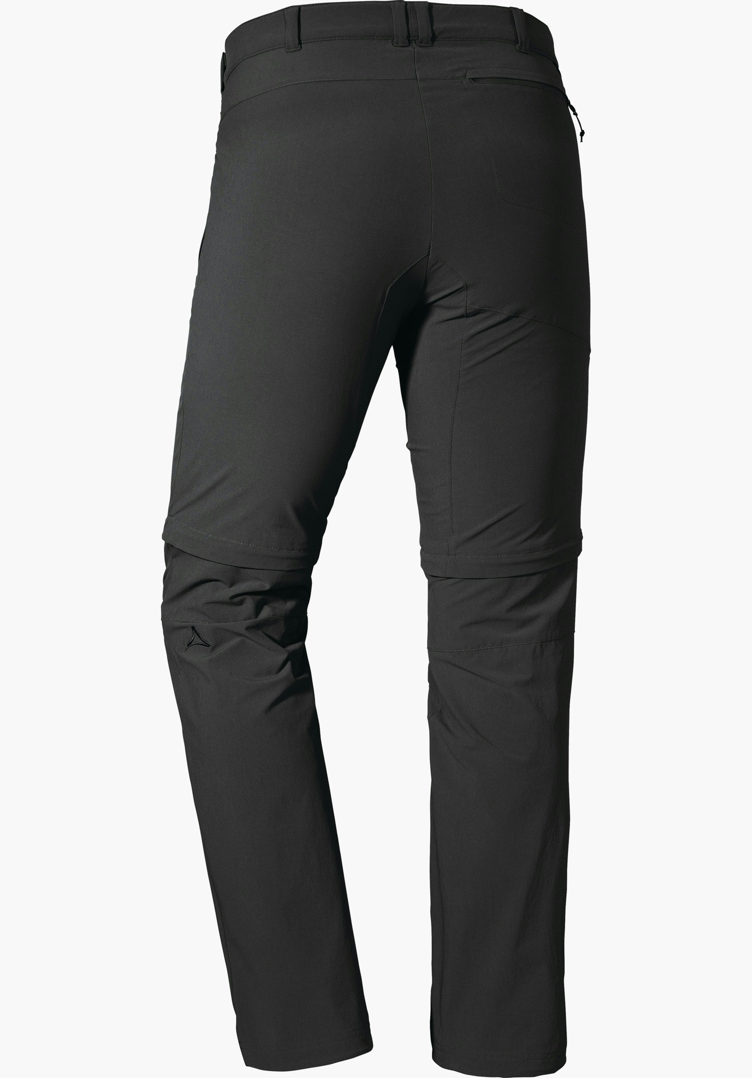 Pants Koper1 Zip Off Pantalon de randonnée gris foncé zip-off, vue de dos; jambes séparables par zip, logo Schöffel au genou gauche, poche arrière droite, détourage sur fond blanc.
