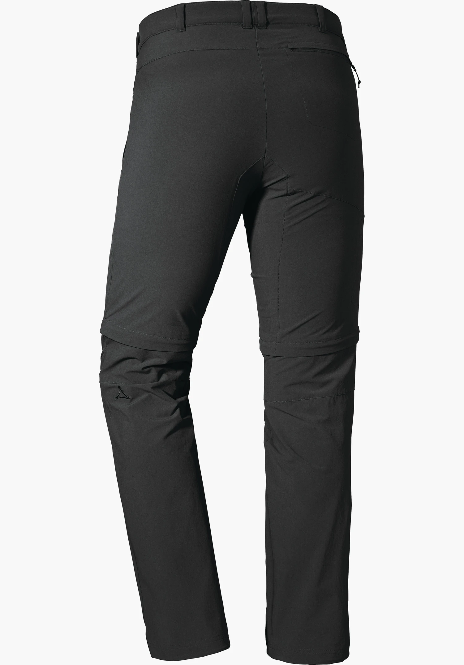 Pants Koper1 Zip Off dark grey hiking trousers, rear view; leg sections detachable by zip, Schöffel logo on the left knee, back pocket on the right, cut out against a white background.