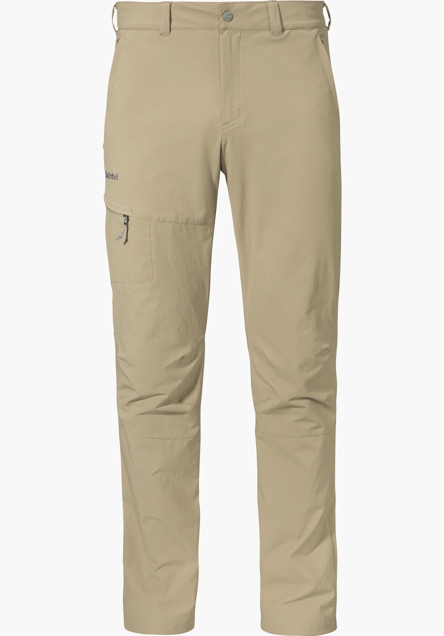 Pants Koper1 as beige outdoor trousers with a zipped side pocket on the leg and visible Schöffel logo, isolated on a white background.