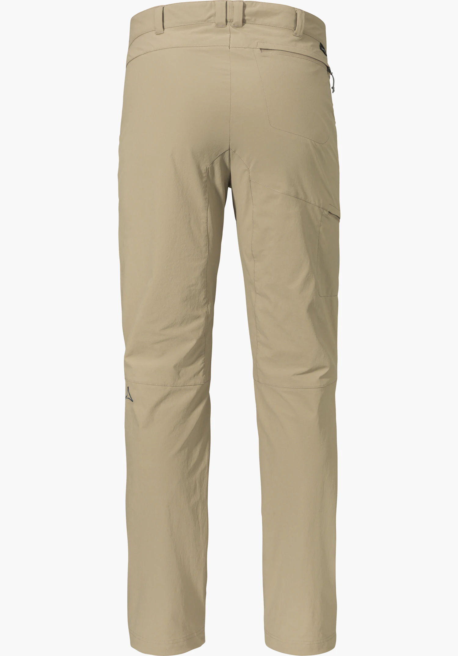 Pants Koper1 in beige, back view featuring belt loops, a back pocket and a small Schöffel logo on the left leg, isolated on a white background.