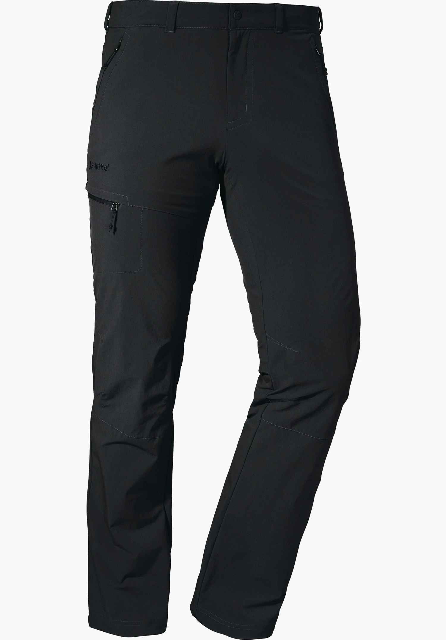 Pants Koper1 black outdoor trousers, front view, with a zip pocket on the thigh and embroidered “Schöffel” lettering, on a white background.