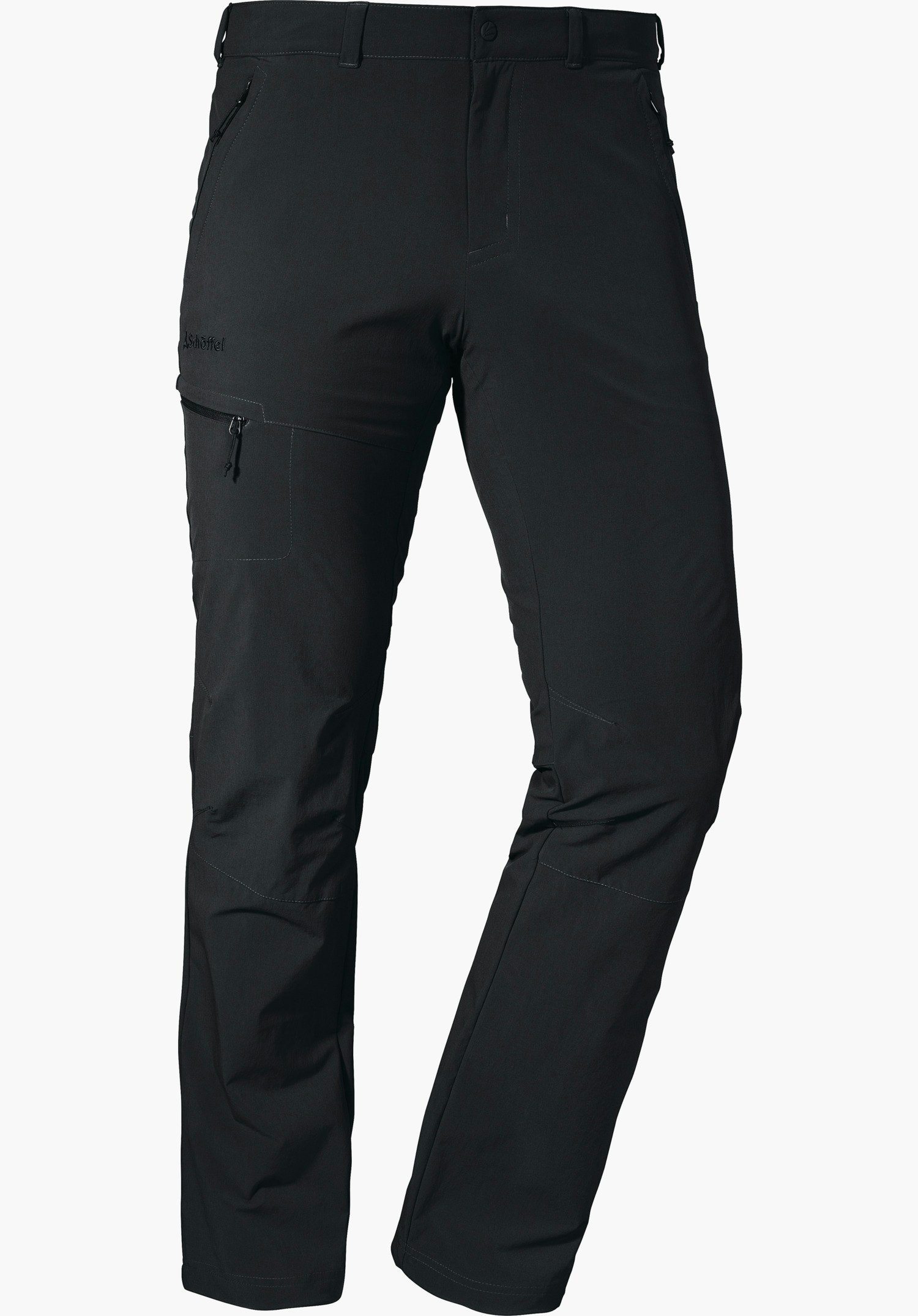 Pants Koper1 pantalon outdoor noir, présenté de face; poche zippée sur la cuisse et inscription brodée « Schöffel »; fond blanc.