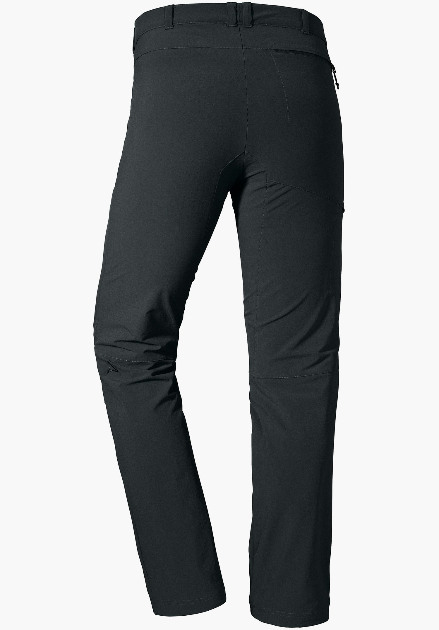 Pants Koper1 Pantalon de randonnée noir, vue de dos; ajusté aux hanches et aux cuisses, jambes droites en stretch lisse, logo Schöffel au genou gauche; fond blanc.