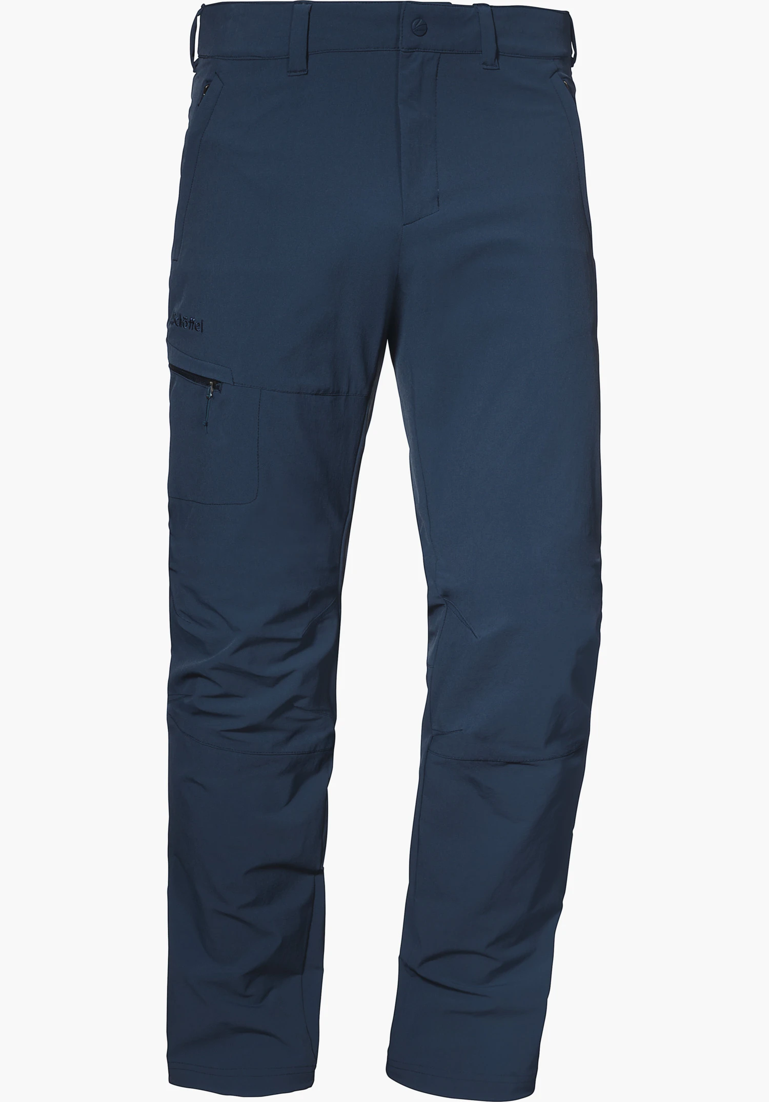 Pants Koper1 dark blue outdoor trousers, front view; zip pockets, side leg pocket, pre-shaped knees, embroidered “Schöffel” on the left, Schöffel logo on the waistband; white background.