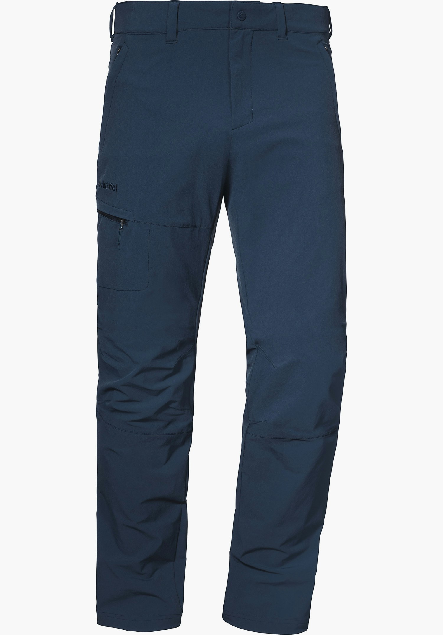 Pants Koper1 pantalon outdoor bleu foncé, présenté de face; poches zippées, poche latérale, genoux préformés; broderie « Schöffel » à gauche et logo au niveau de la ceinture; fond blanc.