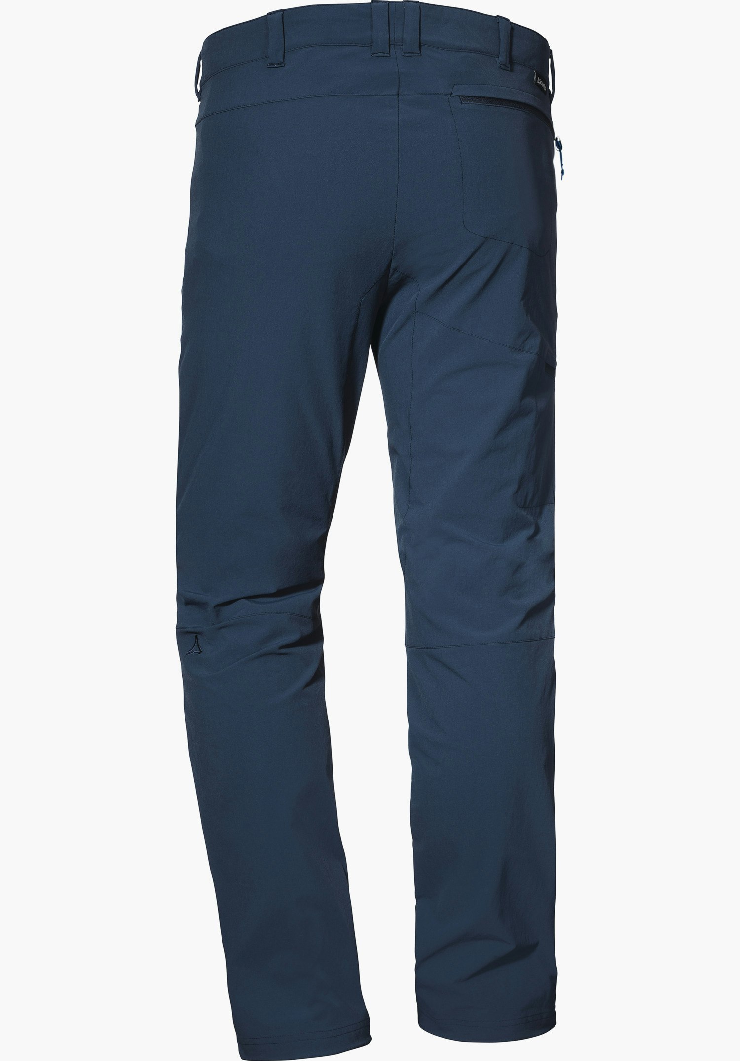 Pants Koper1 Pantalon outdoor bleu foncé, vue de dos; posé à plat, poche arrière, passants de ceinture et poche zippée latérale; logo Schöffel sur le bas de jambe gauche; fond blanc.