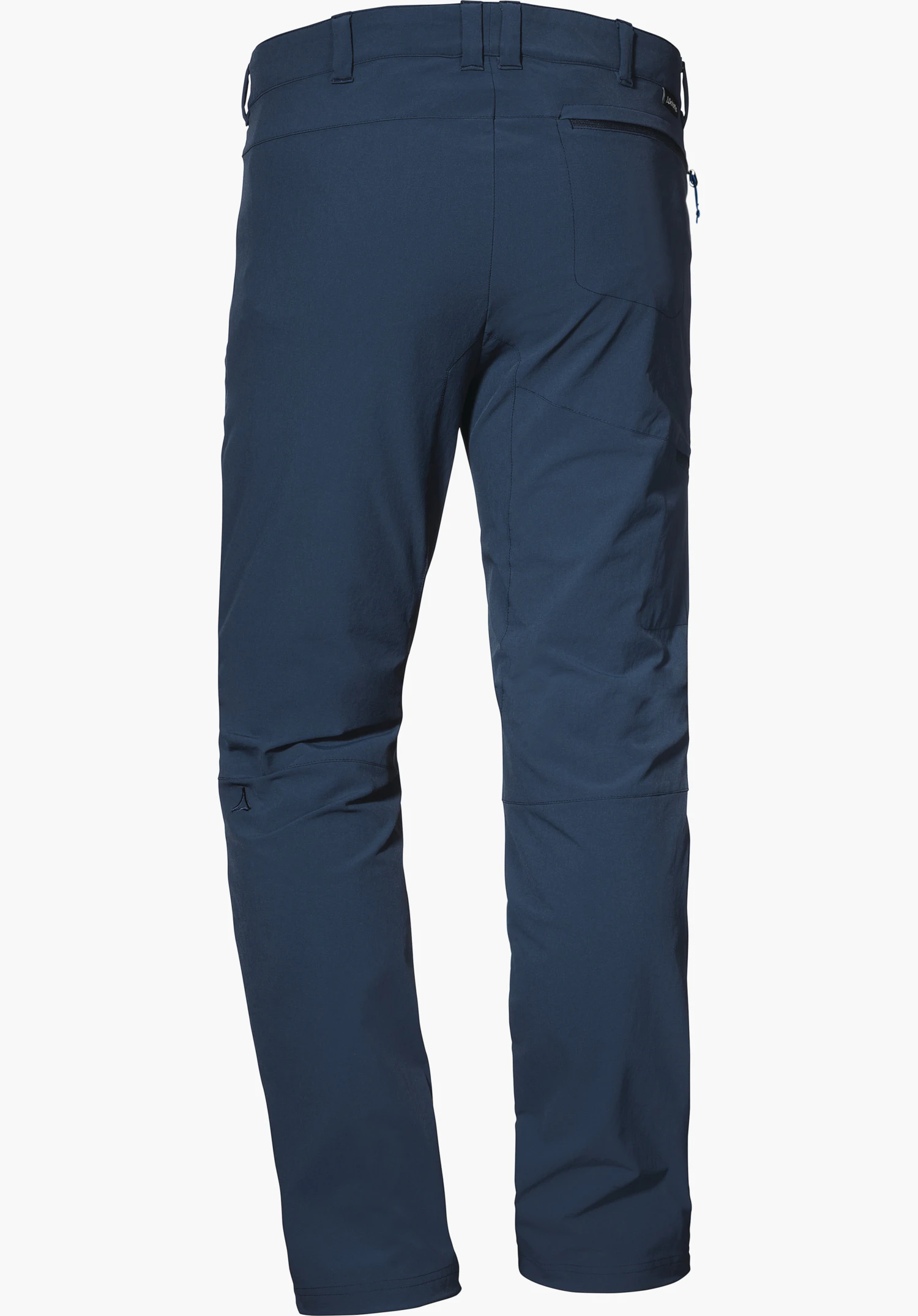 Pants Koper1 dark blue outdoor trousers, presented from the back; lying flat, with back pocket, belt loops and side zip pocket, Schöffel logo on the left lower leg; white background.