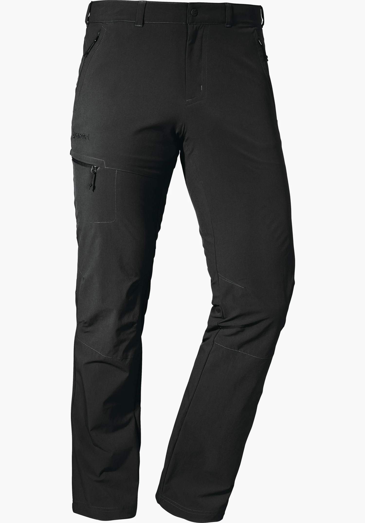 Pants Koper1 black outdoor trousers, front view slightly turned, on a white background; left leg pocket with zip, embroidered “Schöffel”.
