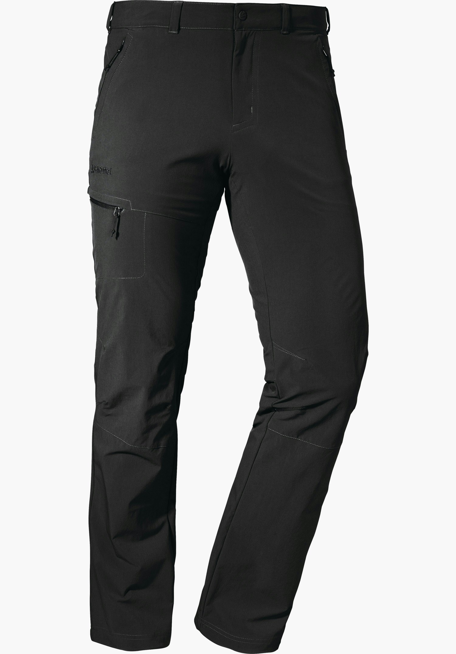 Pants Koper1 pantalon outdoor noir, légèrement de biais; poche zippée sur la jambe gauche avec broderie « Schöffel »; fond blanc.