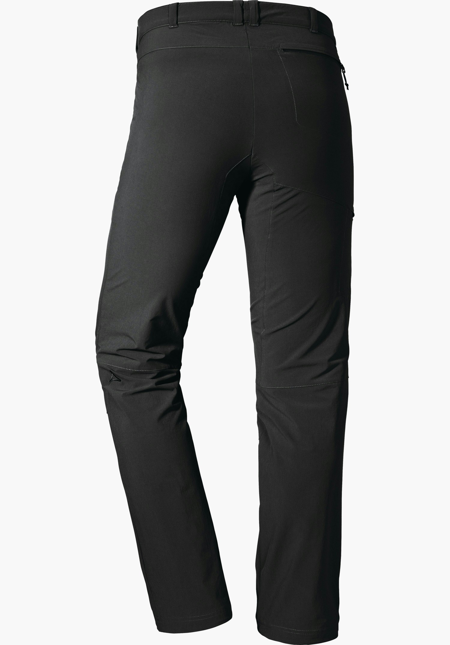 Pants Koper1 Pantalon outdoor noir, vu de dos; jambes légèrement écartées, modèle debout sur fond blanc, logo Schöffel au genou gauche.