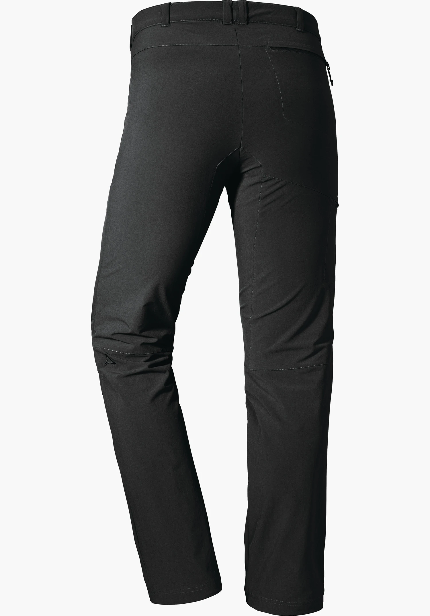Pants Koper1 black outdoor trousers, shown from the back; legs slightly apart, standing presentation against a white background, Schöffel logo on the left knee.