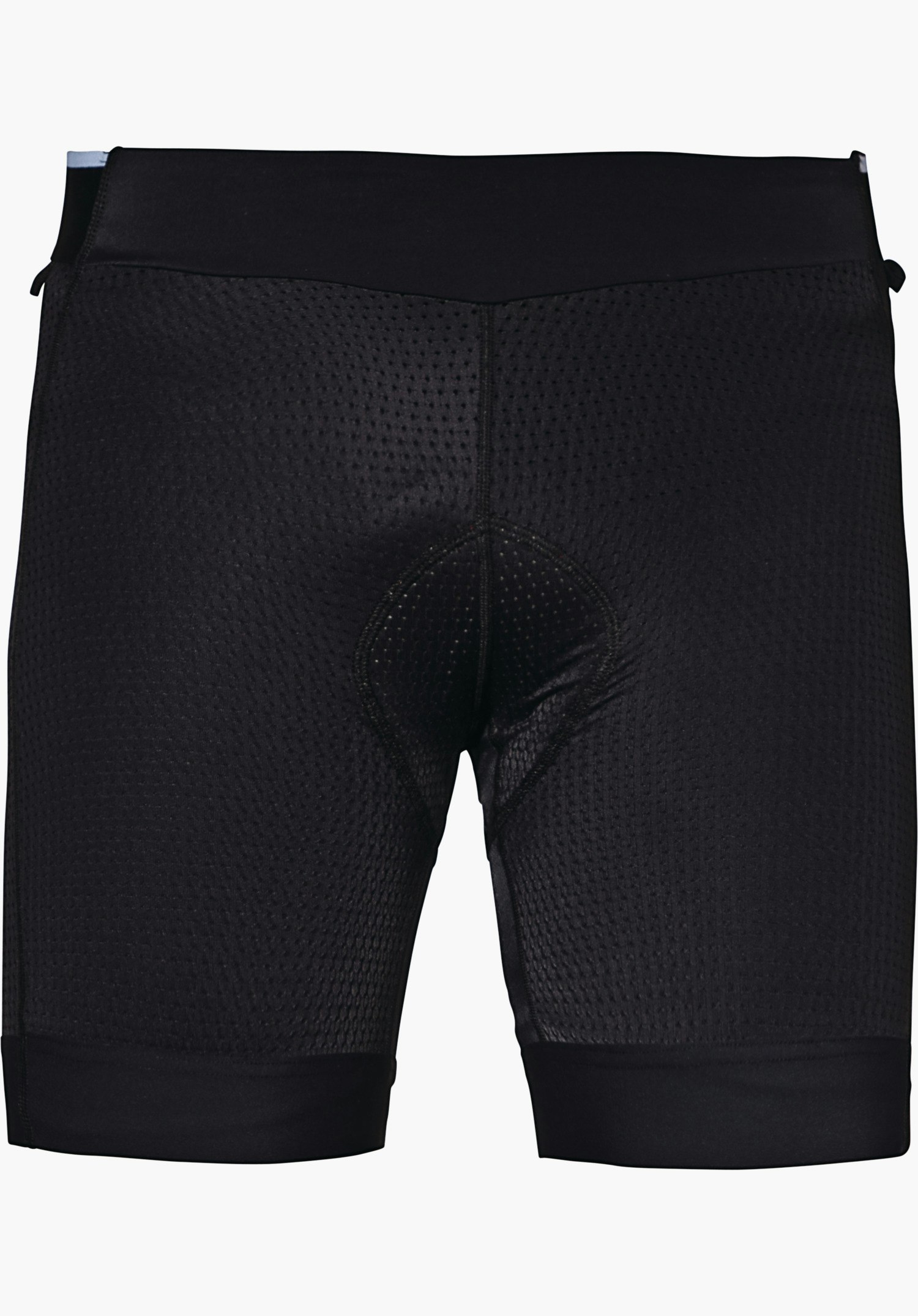 Skin Pants 8h M Schwarze, gepolsterte Radhose; liegt flach und zeigt das Sitzpolster im Schritt, eng anliegende Oberschenkel mit Netzstruktur, breiter Bund oben, vor neutralem weißen Hintergrund.