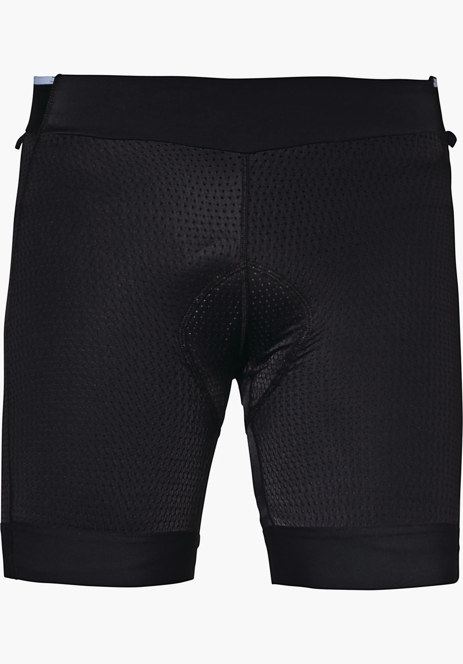 Skin Pants 8h M black padded cycling shorts, laid flat, seat pad visible at crotch, tight thighs with mesh structure, wide waistband; neutral white background.