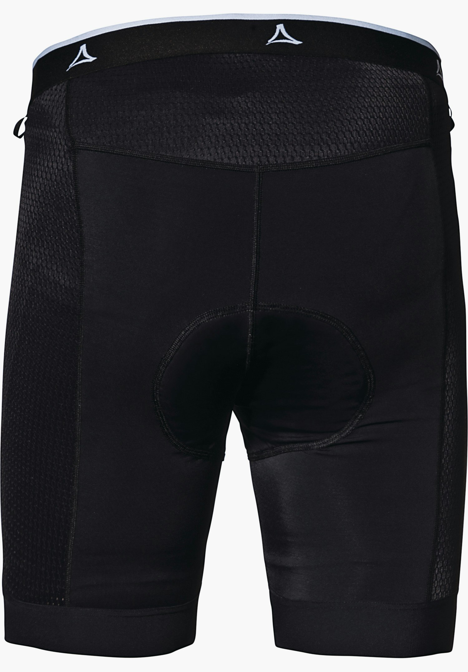 Skin Pants 8h M black insulated cycling tights with seat padding, rear view; Schöffel logo at the waistband, laid flat on a white background, structured side panels and central seam visible.