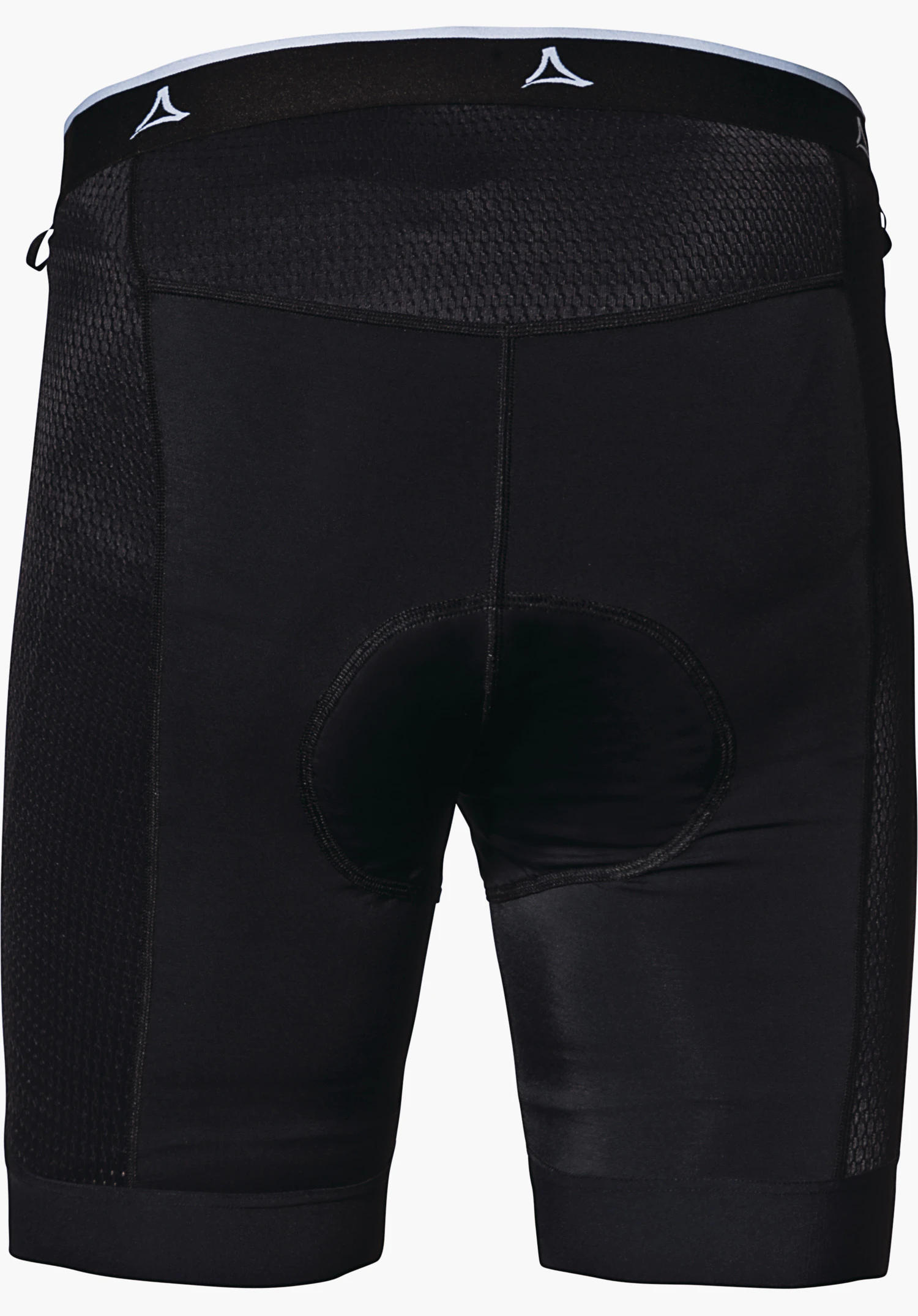Skin Pants 8h M black insulated cycling tights with seat padding, rear view; Schöffel logo at the waistband, laid flat on a white background, structured side panels and central seam visible.