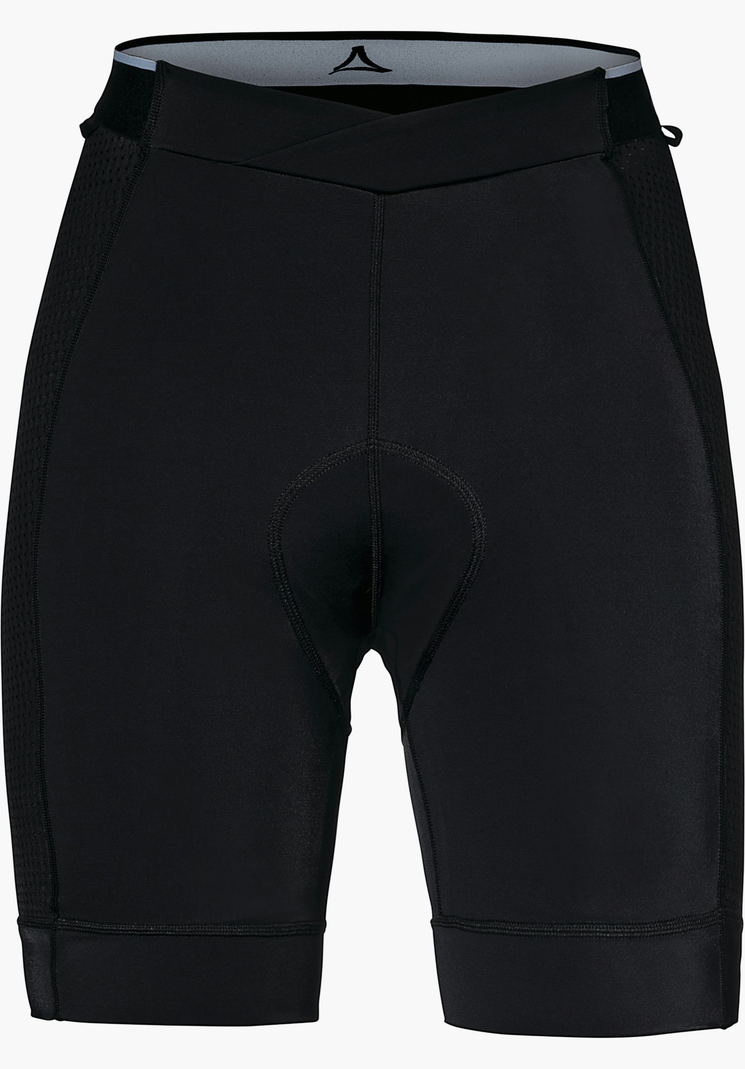 Skin Pants 4h L Schwarze, gepolsterte Radhose, Frontansicht; sichtbare Polsternaht im Schritt, überkreuzter Bund mit Schöffel-Logo innen, seitliche Netz-Einsätze für Belüftung, freigestellt vor weißem Hintergrund.