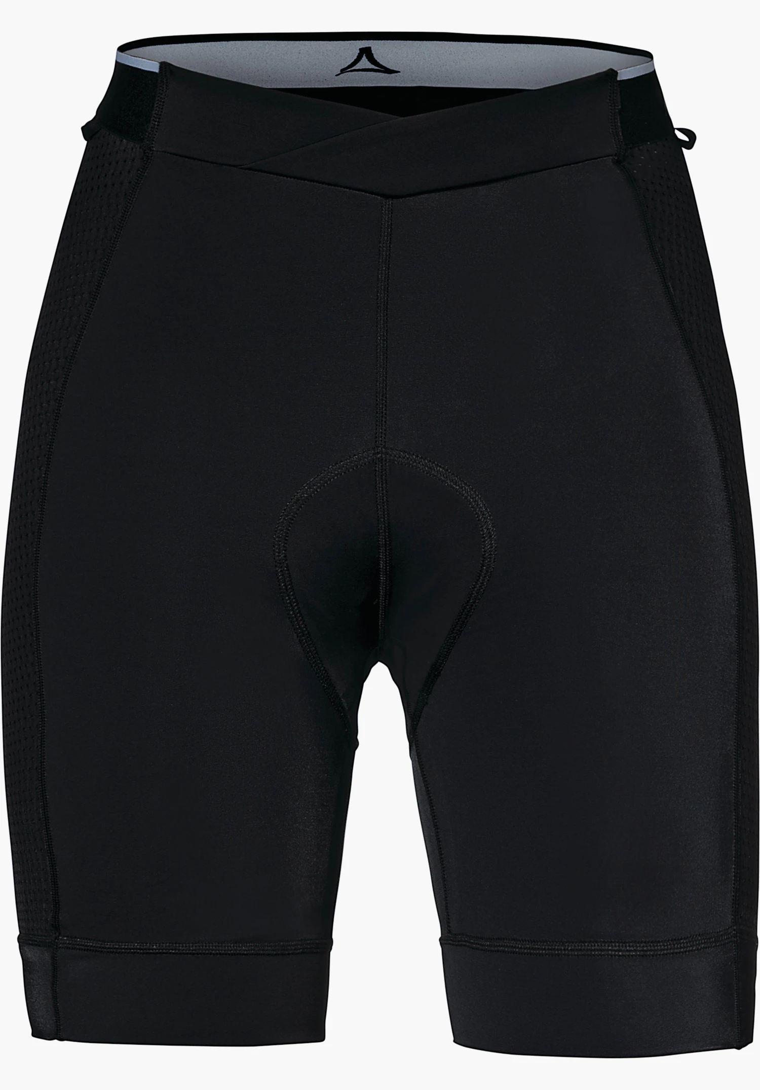 Skin Pants 4h L black padded cycling shorts, front view; visible padding seam at the crotch, crossed waistband with Schöffel logo inside, side mesh inserts for ventilation, isolated on a white background.