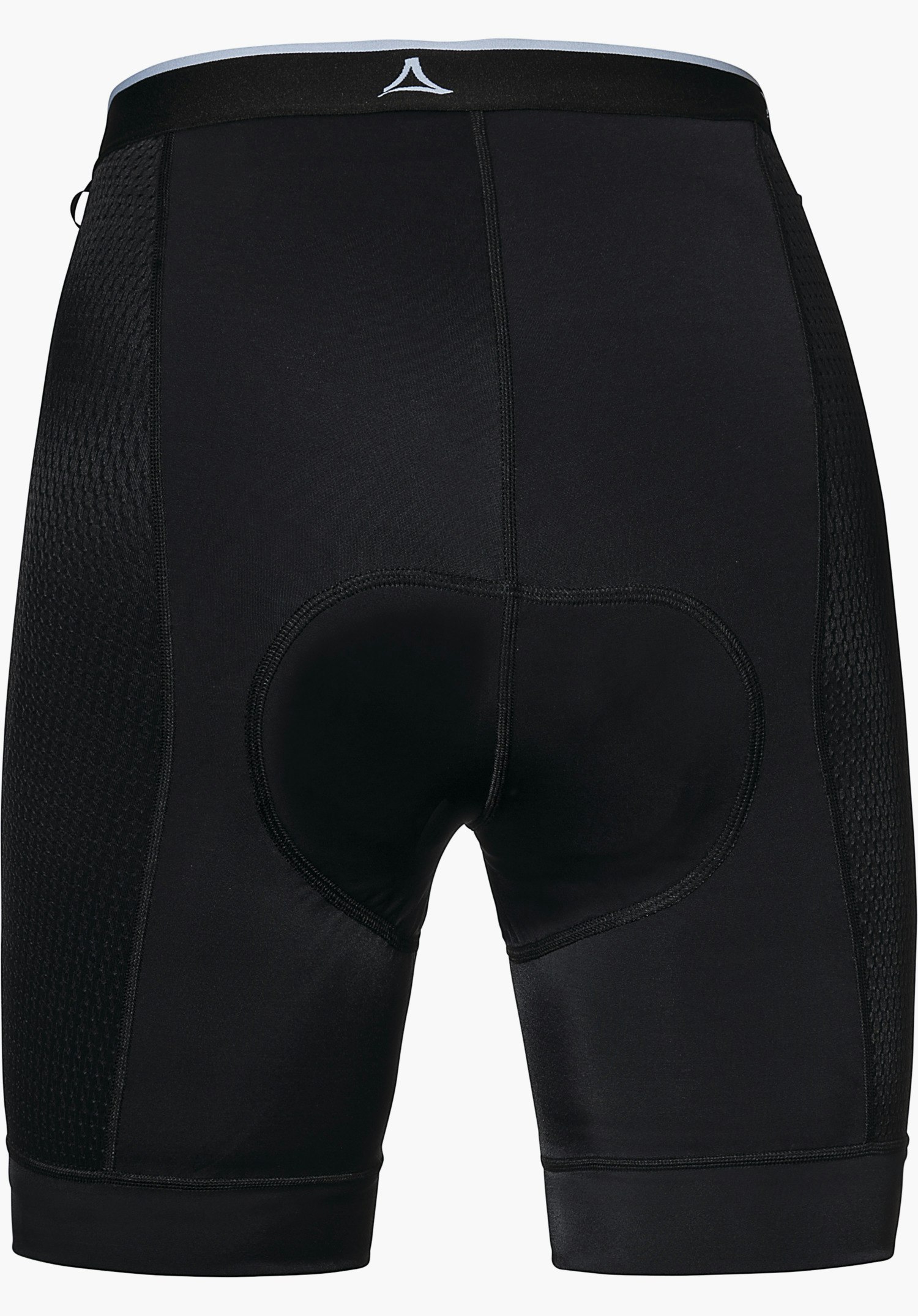 Skin Pants 4h L Cuissard vélo noir avec peau, vue de dos; à plat sur fond clair, empiècements mesh latéraux et logo Schöffel à la taille.