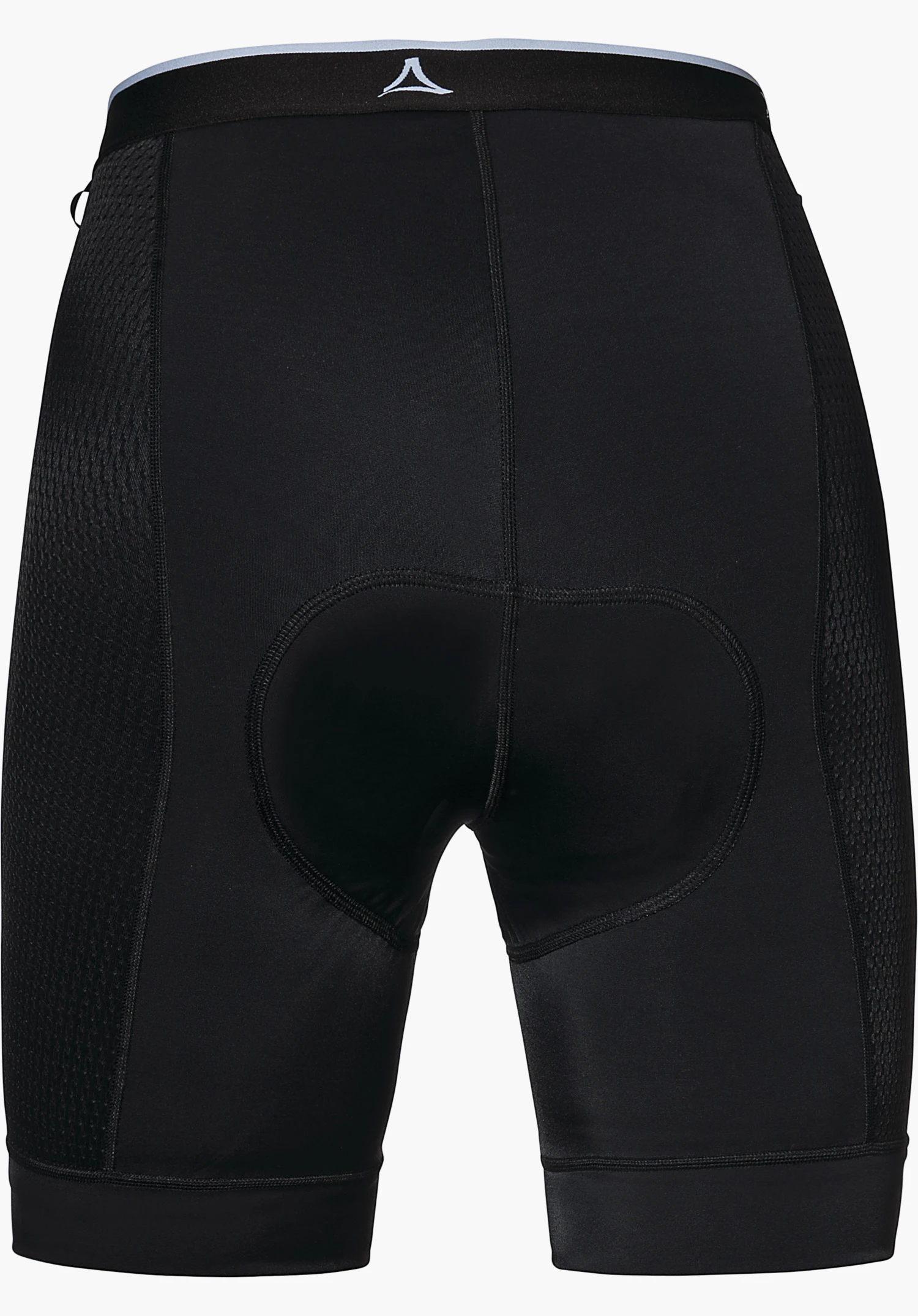 Skin Pants 4h L Cuissard vélo noir avec peau, vue de dos; à plat sur fond clair, empiècements mesh latéraux et logo Schöffel à la taille.