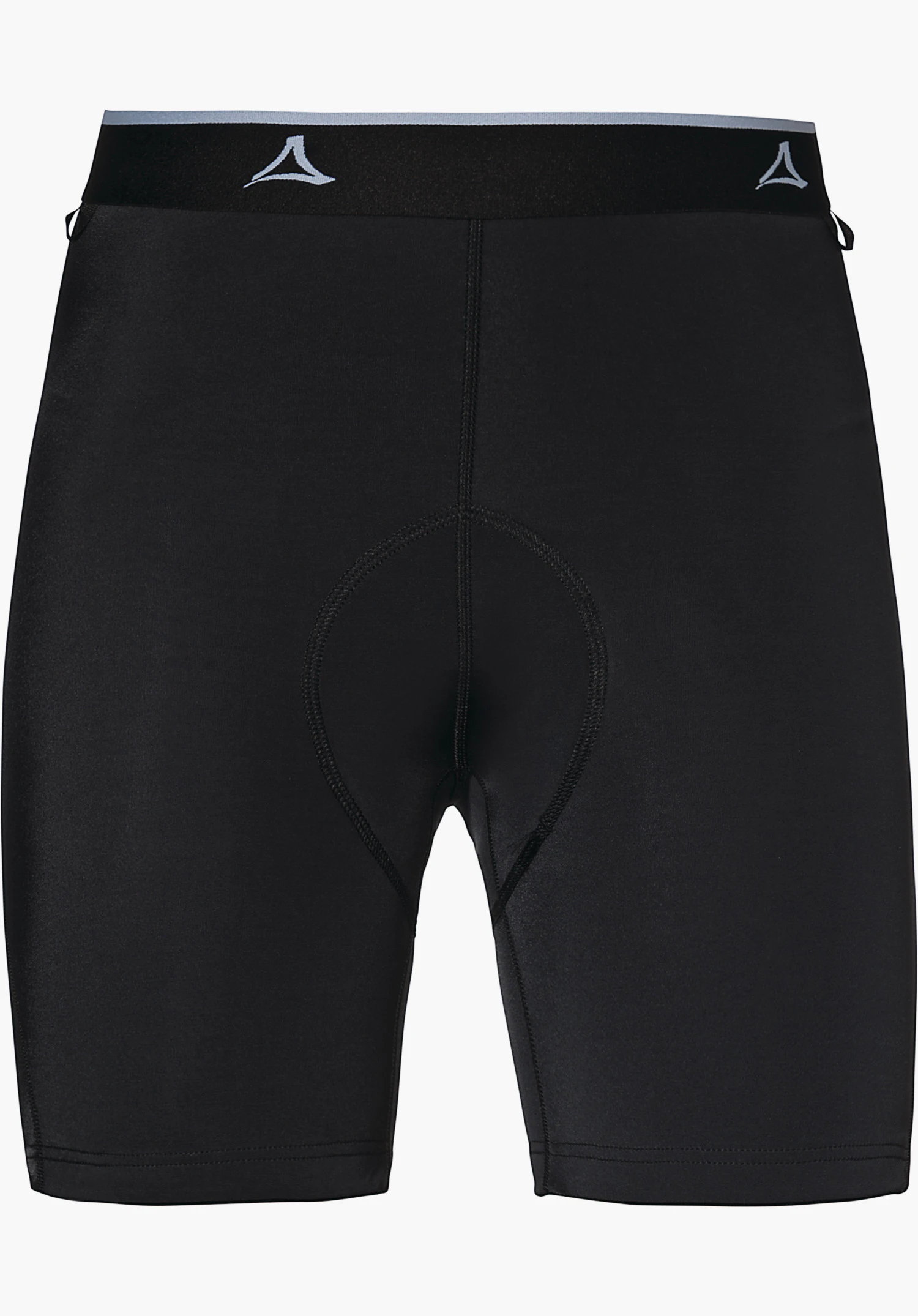 Skin Pants 2h L cuissard noir ajusté avec insert de siège moulé, ceinture élastique avec logos Schöffel gris clair et coutures visibles, présenté à plat sur fond blanc.