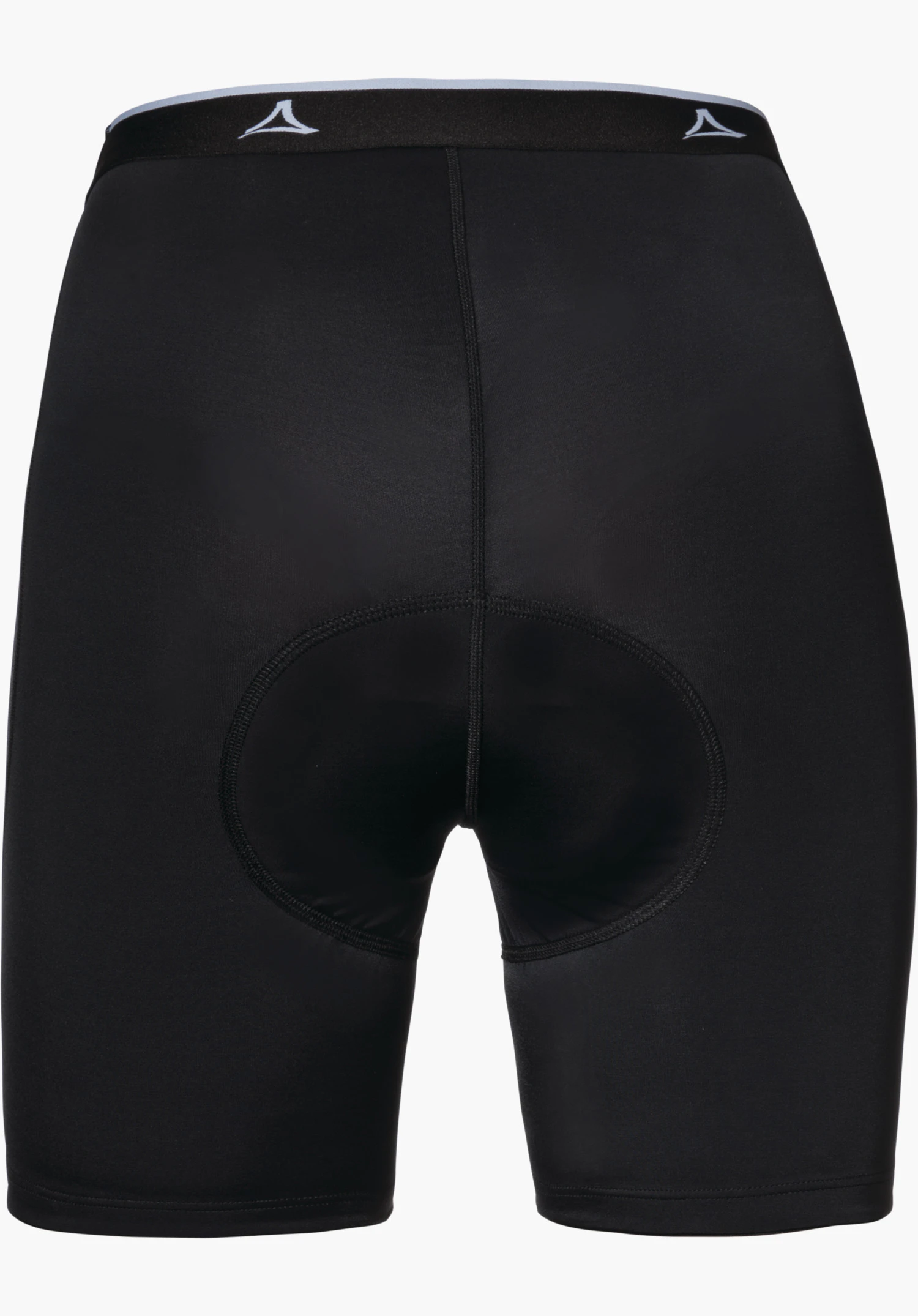 Skin Pants 2h L Cuissard noir avec peau, vue de dos; ceinture avec logo Schöffel, coutures lisses et couture centrale, fond clair.
