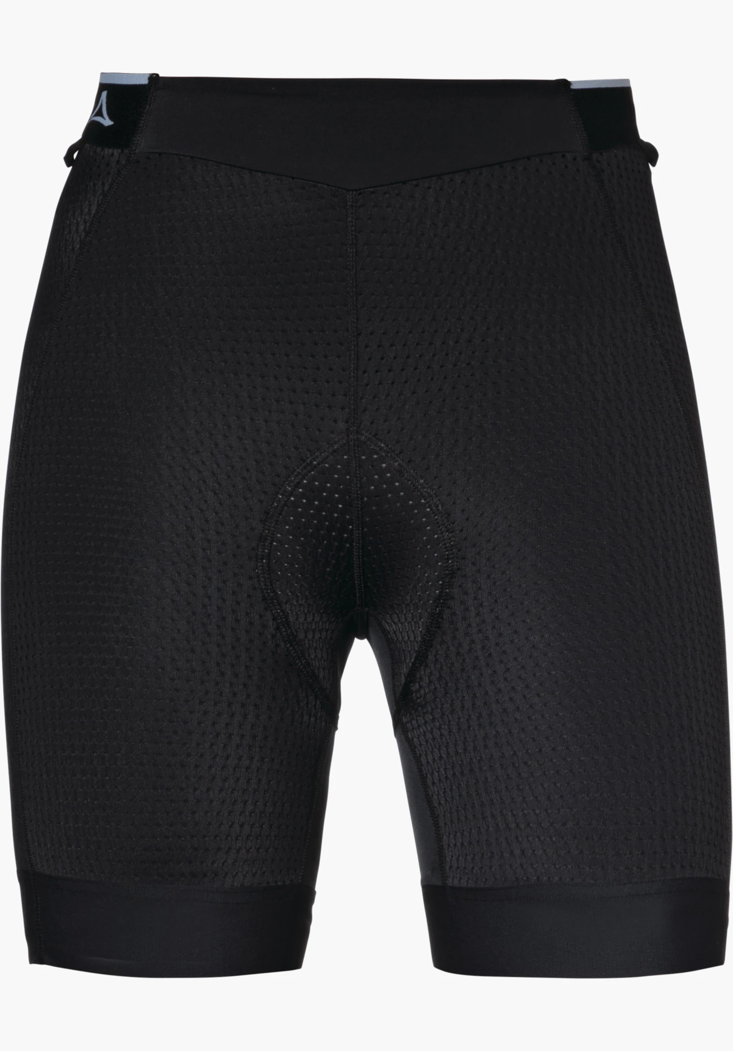 Skin Pants 8h L black padded cycling shorts laid flat on a white background; dotted fabric structure, knee-length, Schöffel logo on the left waist.