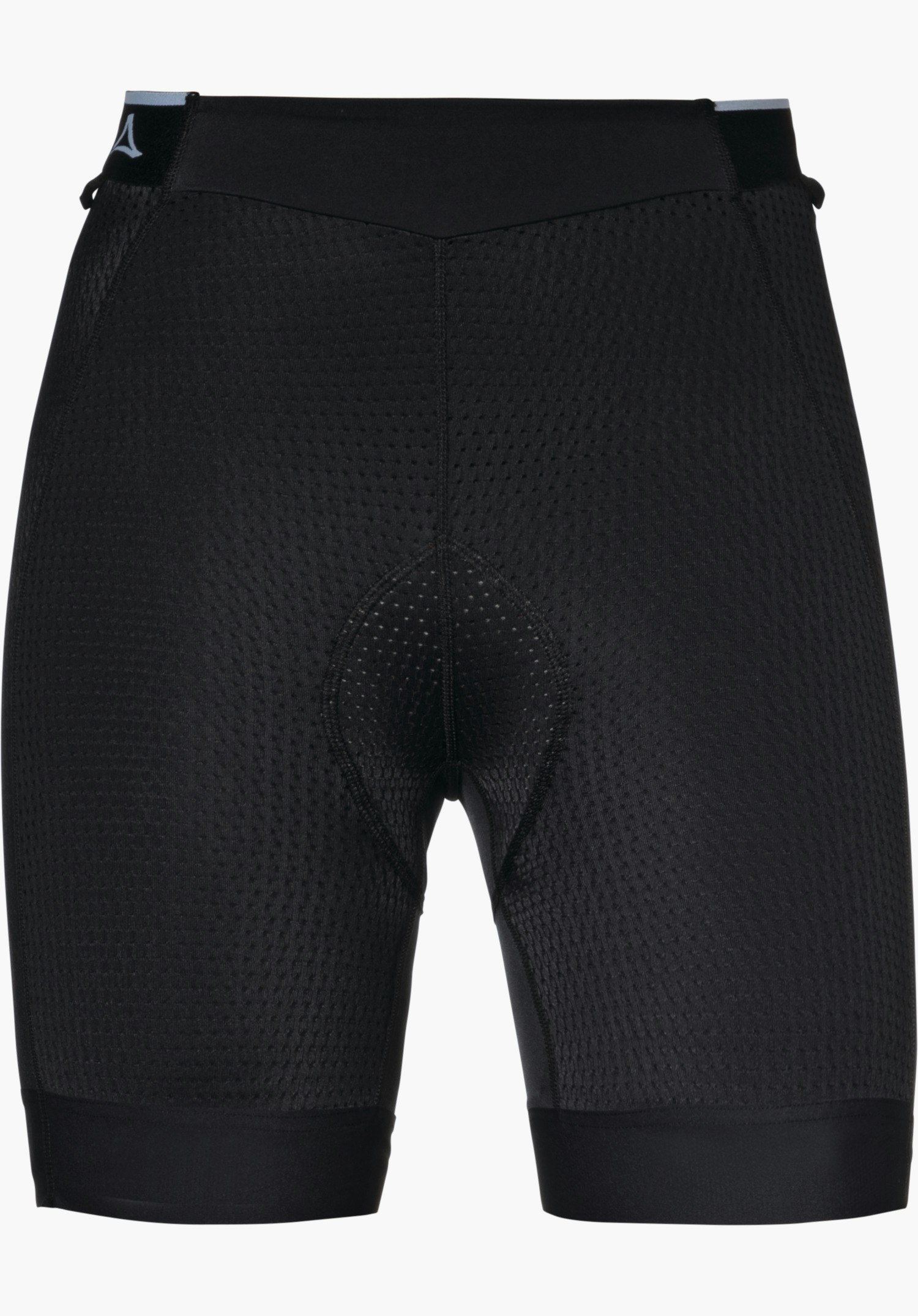 Skin Pants 8h L Schwarze, gepolsterte Radhose liegt flach vor weißem Hintergrund; punktstrukturierter Stoff, knielang, Schöffel-Logo an linker Taille.