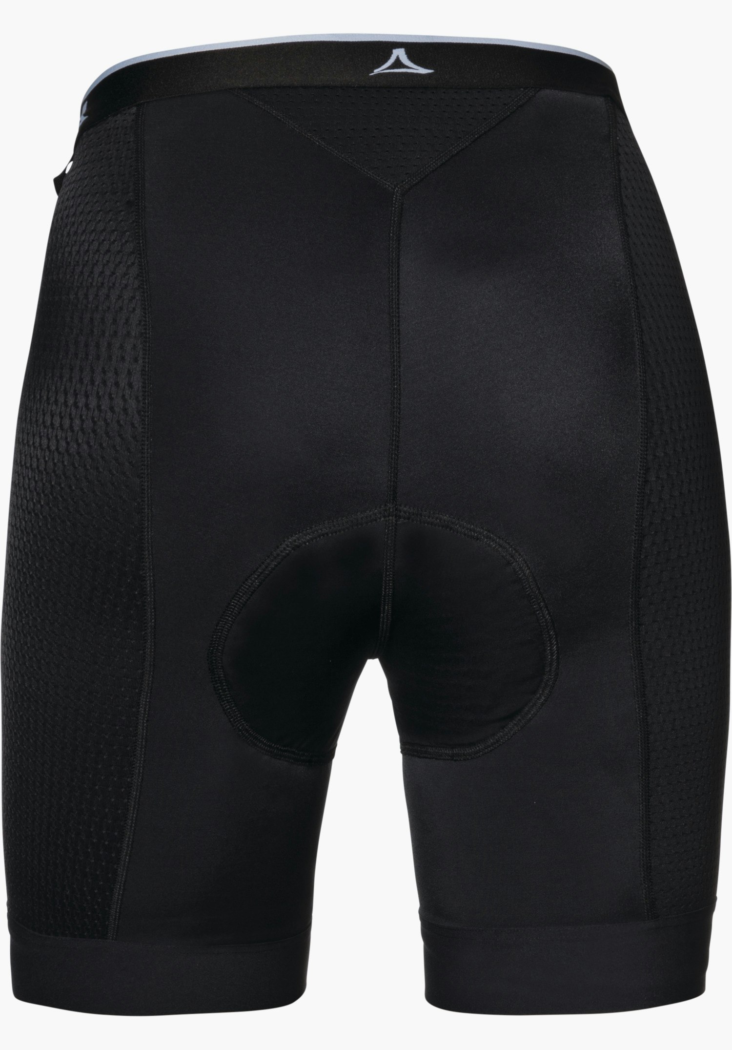 Skin Pants 8h L schwarze gepolsterte Radhose, Rückansicht; liegt flach auf weißem Hintergrund, Schöffel-Logo mittig am Bund, seitliche strukturierte Einsätze und gepolsterter Schritt.