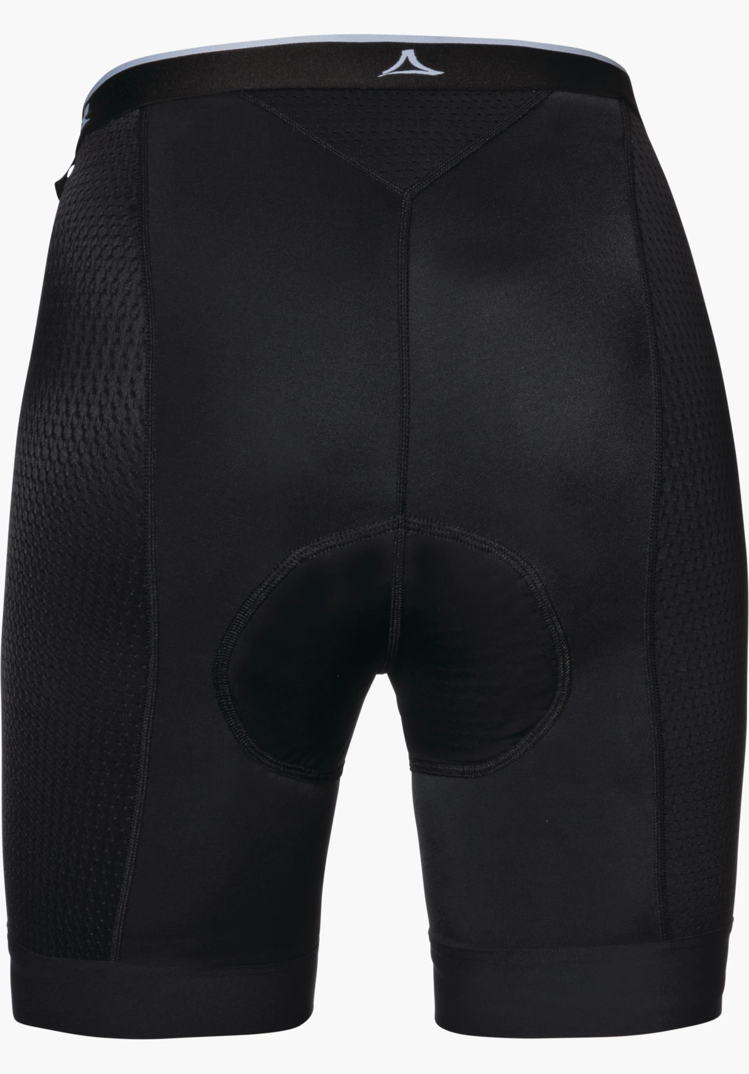 Skin Pants 8h L Cuissard noir rembourré, vue de dos; à plat sur fond blanc, logo Schöffel centré à la taille, empiècements latéraux texturés et insert rembourré à l’entrejambe.