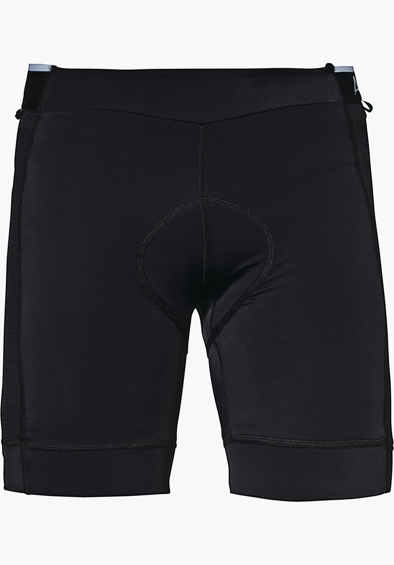 Skin Pants 4h M Schwarze Radhose, frontal platziert, zeigt gepolsterten Schritt, knielange Beine und elastischen Bund; linksseitig Mesh‑Einsätze und kleines Schöffel-Logo an der Taille.