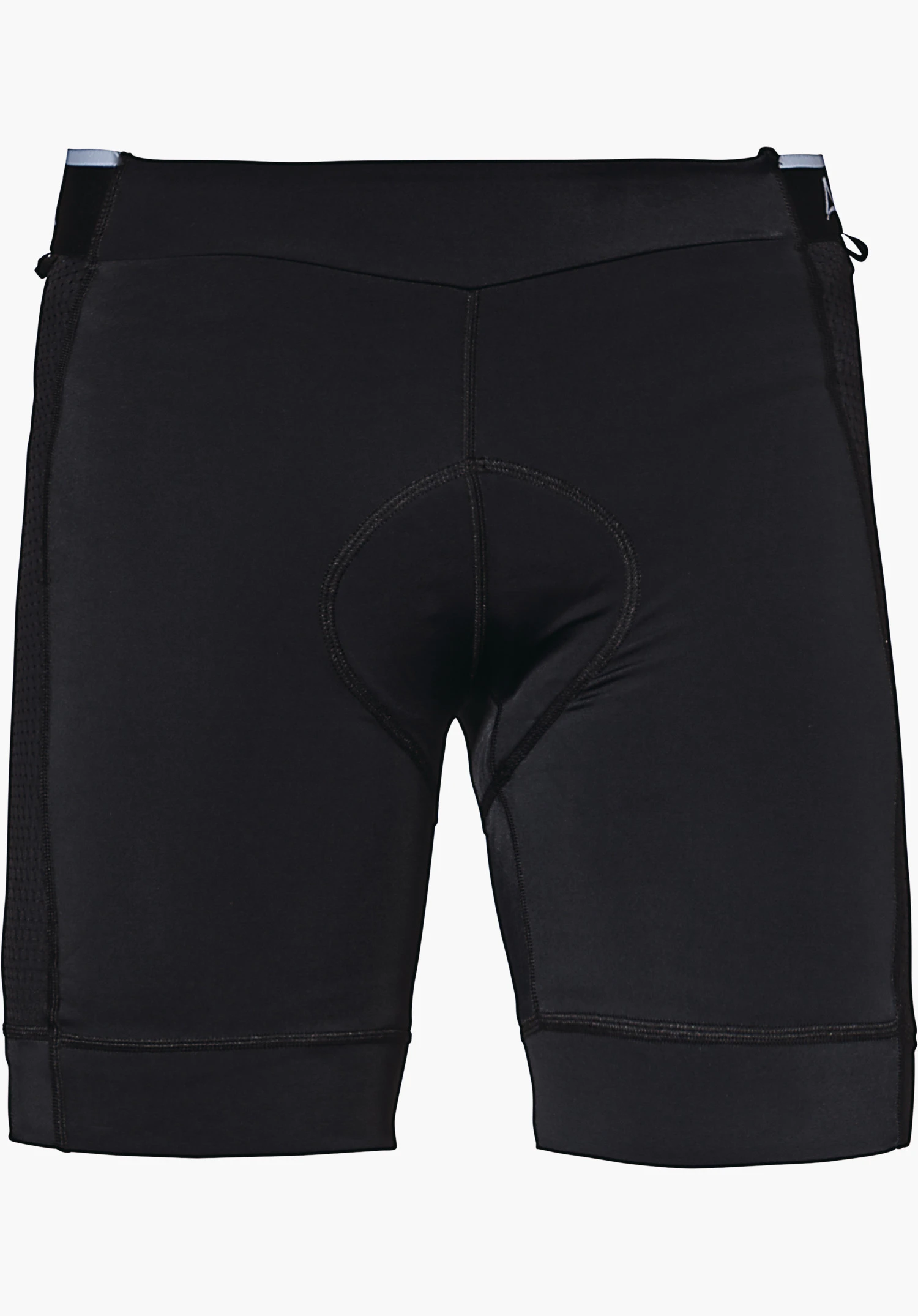 Skin Pants 4h M black cycling shorts, front view; padded crotch, knee-length legs and elastic waistband; left-side mesh inserts and small Schöffel logo at waist; white background.