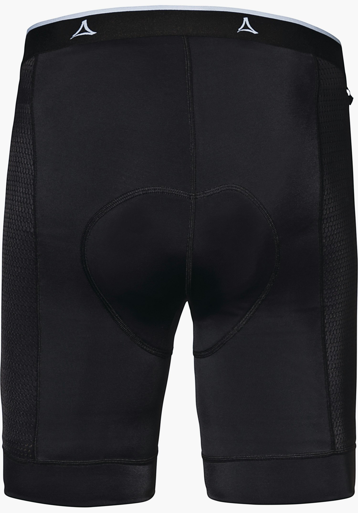 Skin Pants 4h M schwarze Radhose, Rückansicht; gepolsterte herzförmige Sitzfläche und zwei weiße Schöffel-Logos am Bund, liegt flach vor hellem neutralem Hintergrund.