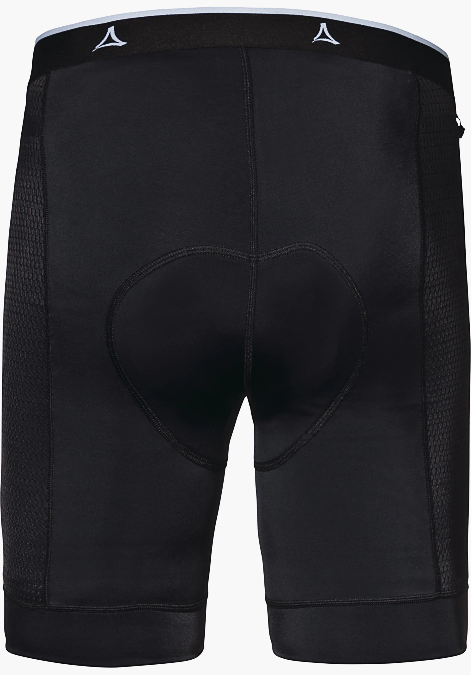 Skin Pants 4h M black cycling tights, rear view; padded heart-shaped seat area and two white Schöffel logos at the waistband, laid flat against a light neutral background.