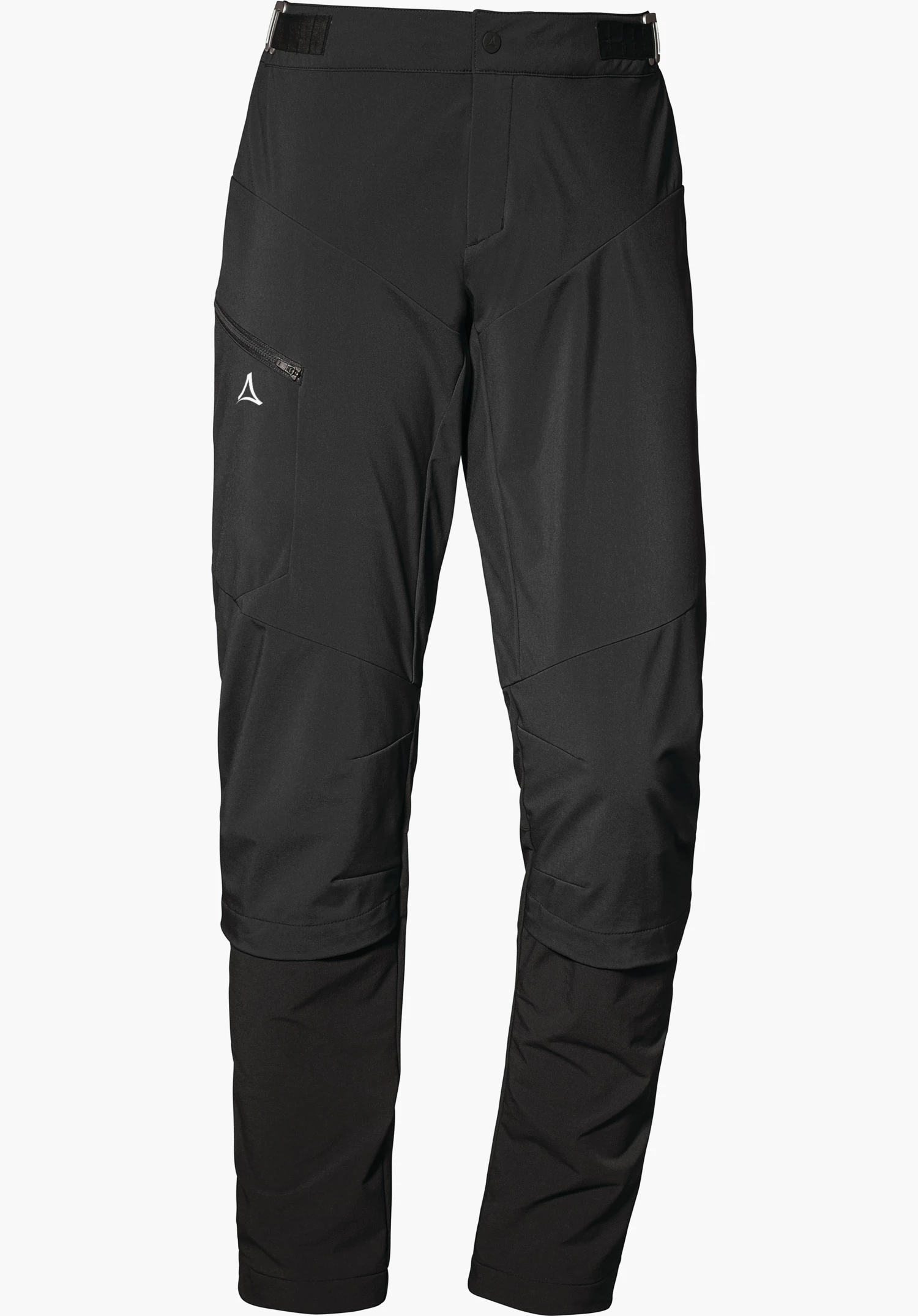 Hybrid Pants Tree Run L pantalon outdoor noir, présenté de face sur fond blanc; poche zippée sur la cuisse, ceinture réglable, pinces aux genoux; logo Schöffel sur la cuisse gauche (blanc).